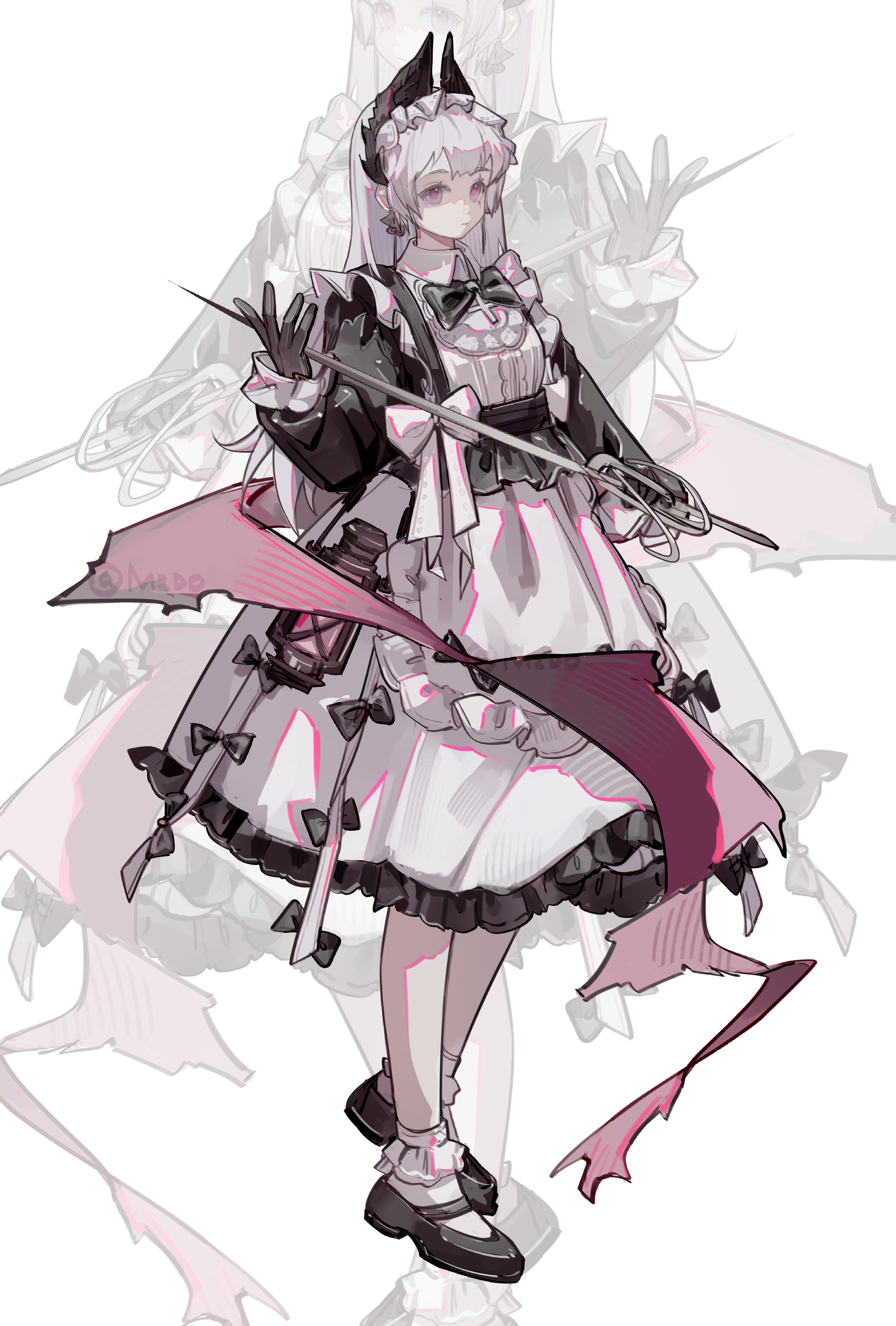 mido (mido chen), irene (arknights), irene (voyage of feathers) (arknights), ambience synesthesia, arknights, absurdres, chinese commentary, commentary request, highres, 1girl, ankle socks, apron, black bow, black gloves, black shoes, bow, dot nose, explosion, full body, gloves, grey hair, head wings, lantern, loafers, long hair, long sleeves, looking at viewer, maid, maid apron, maid headdress, official alternate costume, pink eyes, rapier, scar, scar across eye, scar on face, shoes, simple background, socks, solo, sword, weapon, white apron, white background, white sleeve cuffs, white socks, wings
