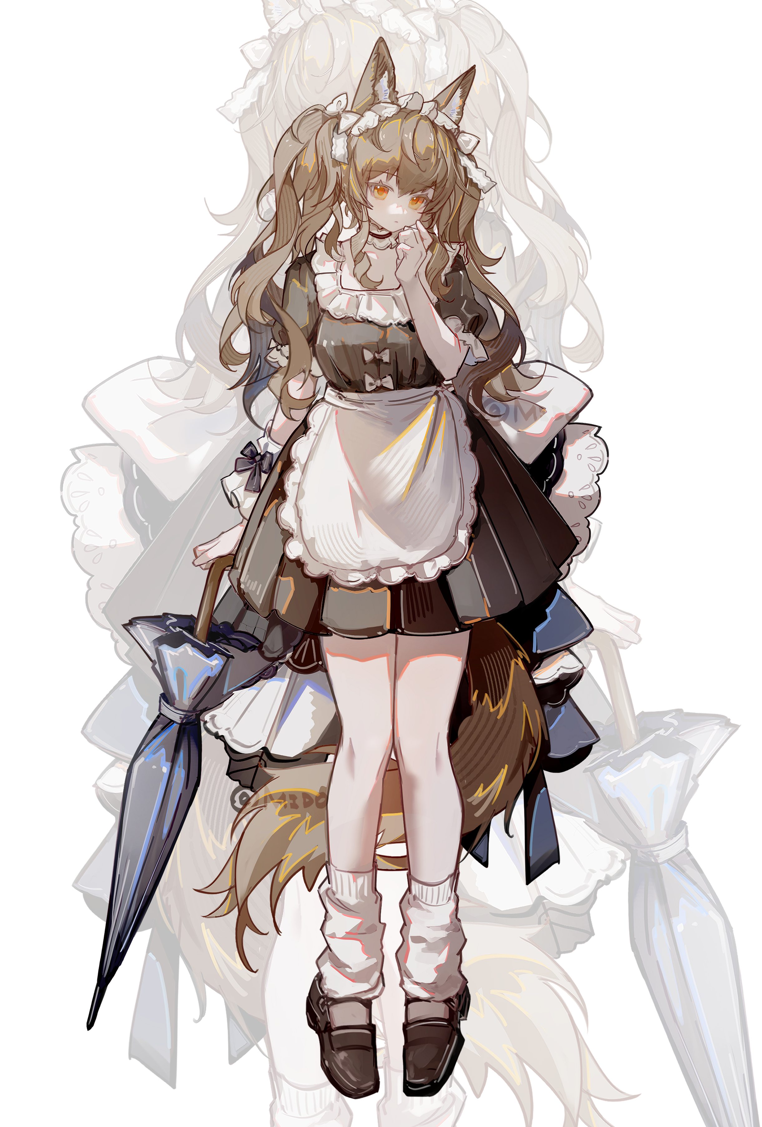mido (mido chen), angelina (arknights), arknights, absurdres, chinese commentary, commentary request, highres, 1girl, alternate costume, animal ear fluff, animal ears, apron, artist name, black dress, blue umbrella, bow, brown hair, brown shoes, closed mouth, dot mouth, dot nose, dress, enmaided, expressionless, fox ears, fox girl, fox tail, frilled apron, frilled dress, frills, full body, hand on own cheek, hand on own face, hand up, holding, holding umbrella, kneehighs, loafers, long hair, looking at viewer, loose socks, maid, maid apron, maid headdress, orange eyes, shoes, short dress, short sleeves, sidelocks, simple background, single wrist cuff, socks, solo, standing, tail, twintails, umbrella, waist apron, white apron, white background, white bow, white socks, wrist cuffs, zoom layer