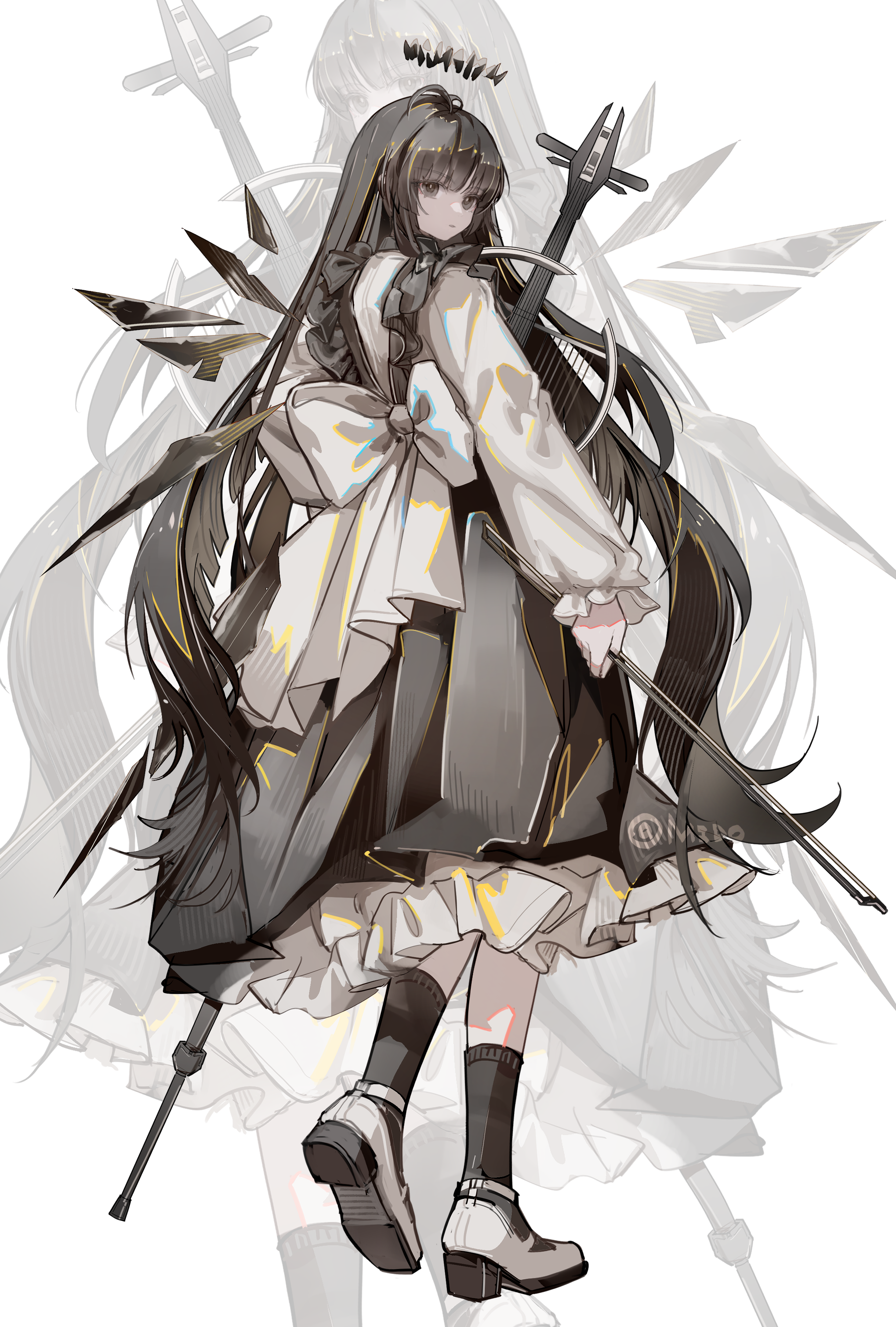 mido (mido chen), virtuosa (arknights), arknights, absurdres, chinese commentary, commentary request, highres, 1girl, alternate costume, artist name, back bow, black dress, black eyes, black hair, black halo, black socks, blunt bangs, bow, bow (music), cello, dark halo, detached wings, dress, energy wings, enmaided, expressionless, frilled dress, frills, from behind, full body, halo, holding, holding bow (music), instrument, kneehighs, large bow, long dress, long hair, long sleeves, looking at viewer, maid, shoes, simple background, socks, solo, standing, white background, white bow, white shoes, wings, zoom layer
