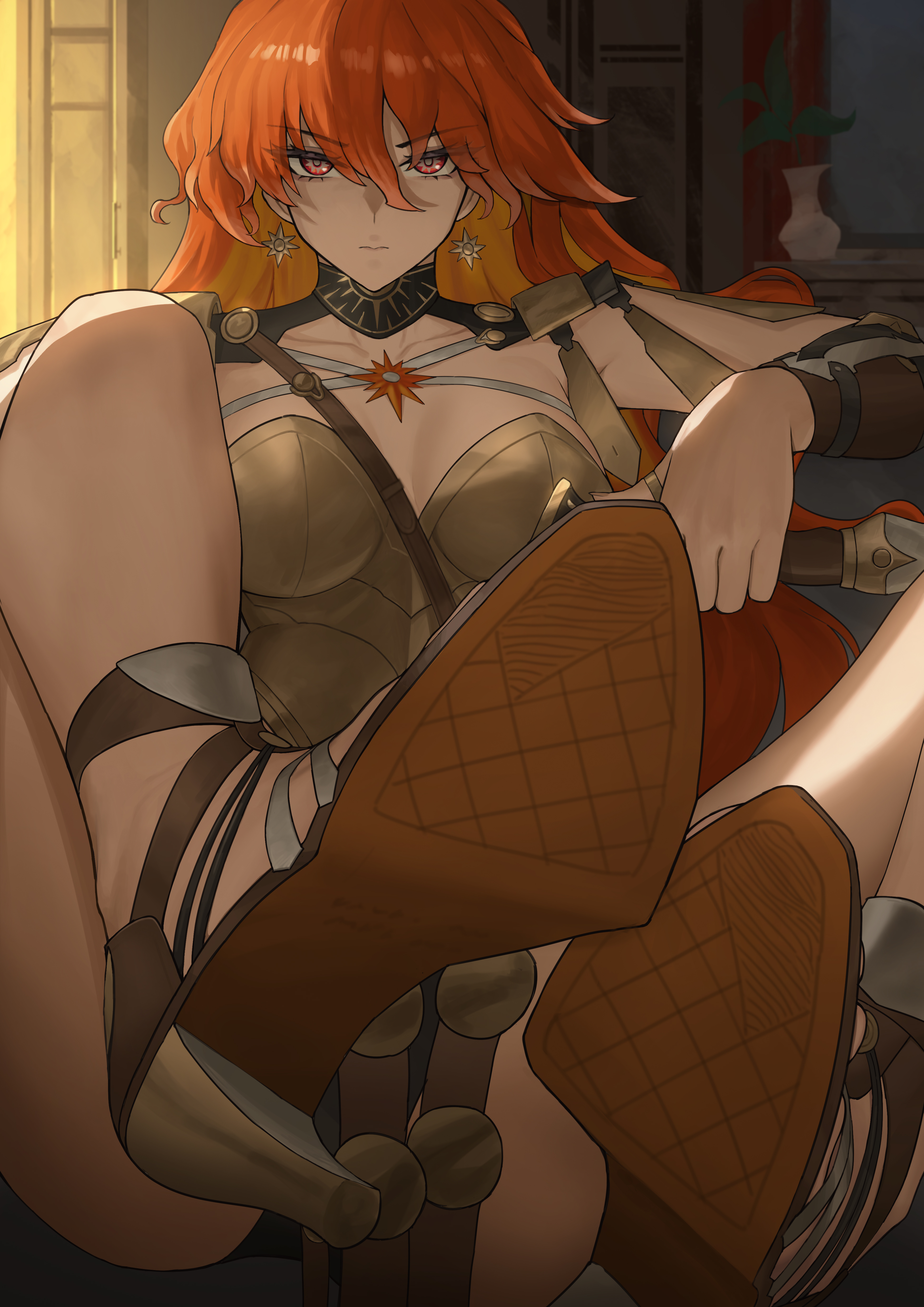 sa-baaa, augusta (wuthering waves), wuthering waves, absurdres, highres, 1girl, ancient greek clothes, arm armor, armor, breastplate, closed mouth, dress, earrings, feet, foot up, greco-roman clothes, hair between eyes, holding, holding weapon, jewelry, long hair, looking at viewer, necklace, orange hair, red eyes, sitting, solo, sun earrings, very long hair, weapon