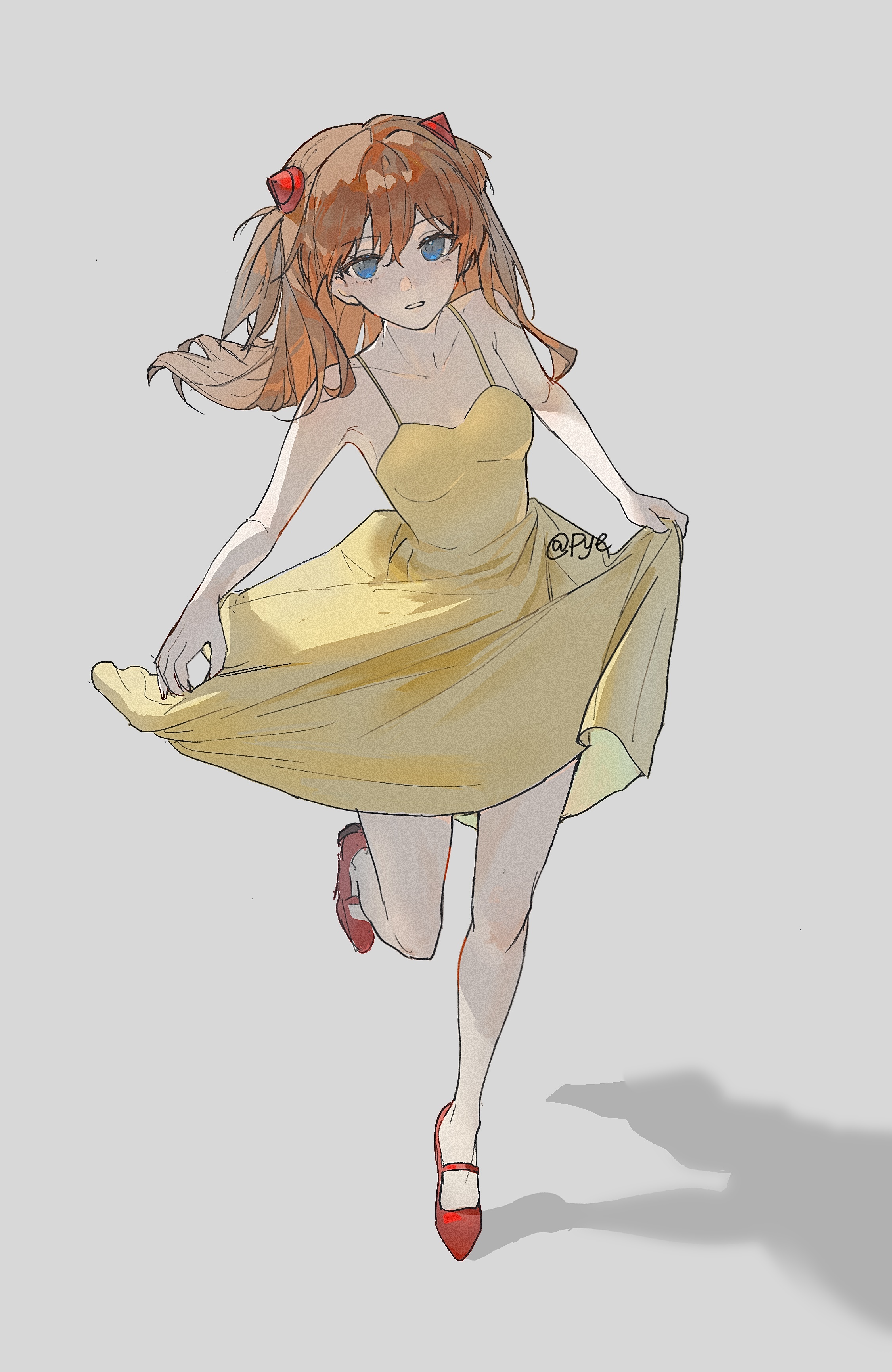 pye yyy, souryuu asuka langley, neon genesis evangelion, absurdres, commentary, highres, 1girl, artist name, blue eyes, collarbone, dress, film grain, from above, full body, grey background, interface headset (evangelion), long hair, looking at viewer, parted lips, red hair, red shoes, running, shadow, shoes, simple background, skirt hold, solo, standing, standing on one leg, yellow dress