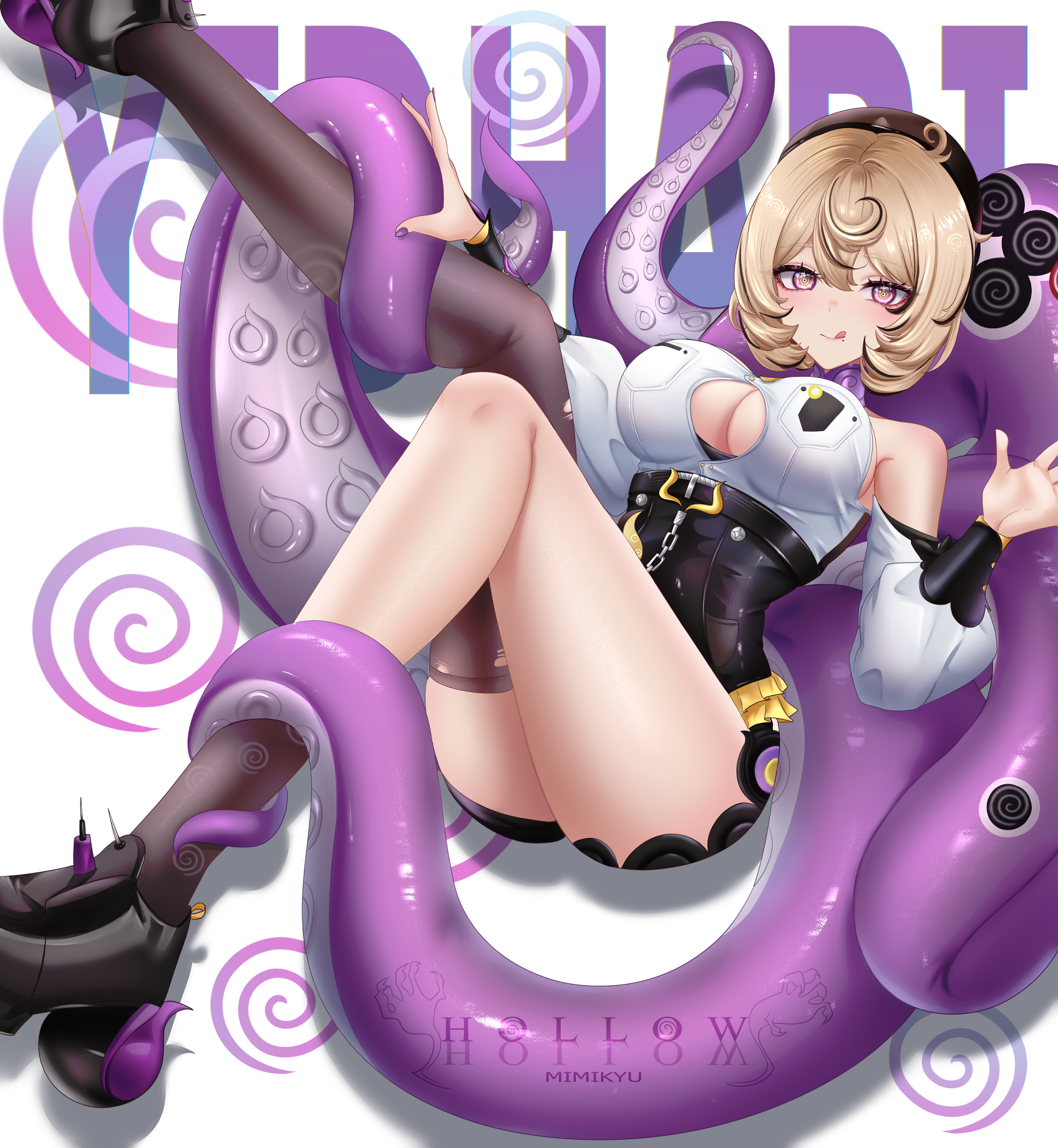hollow mimikyu, yidhari (zenless zone zero), zenless zone zero, commentary, commentary request, english commentary, highres, 1girl, :q, artist name, bare shoulders, black shoes, black socks, black thighhighs, blonde hair, breasts, character name, cleavage, closed mouth, detached sleeves, hair between eyes, invisible chair, large breasts, long sleeves, looking at viewer, monster girl, purple eyes, scylla, shoes, single sock, single thighhigh, sitting, socks, solo, tentacles, thighhighs, tongue, tongue out, white sleeves