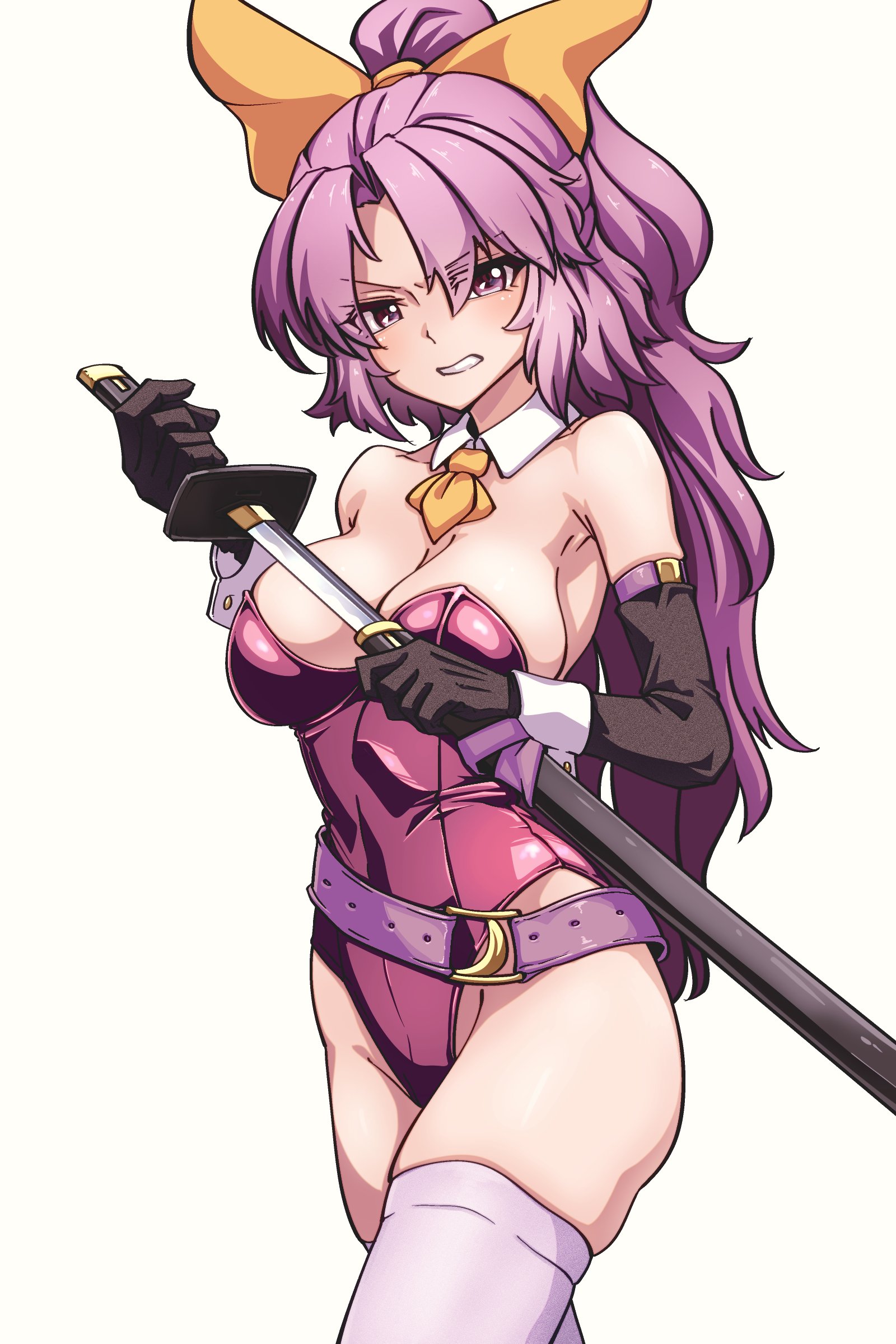 kikoka (mizuumi), watatsuki no yorihime, touhou, absurdres, highres, 1girl, black gloves, breasts, cleavage, clenched teeth, elbow gloves, gloves, hair ribbon, high ponytail, holding, holding sword, holding weapon, leotard, looking at viewer, playboy bunny, ponytail, purple eyes, purple hair, ribbon, solo, sword, teeth, thighhighs, weapon, white background, white thighhighs, yellow ribbon