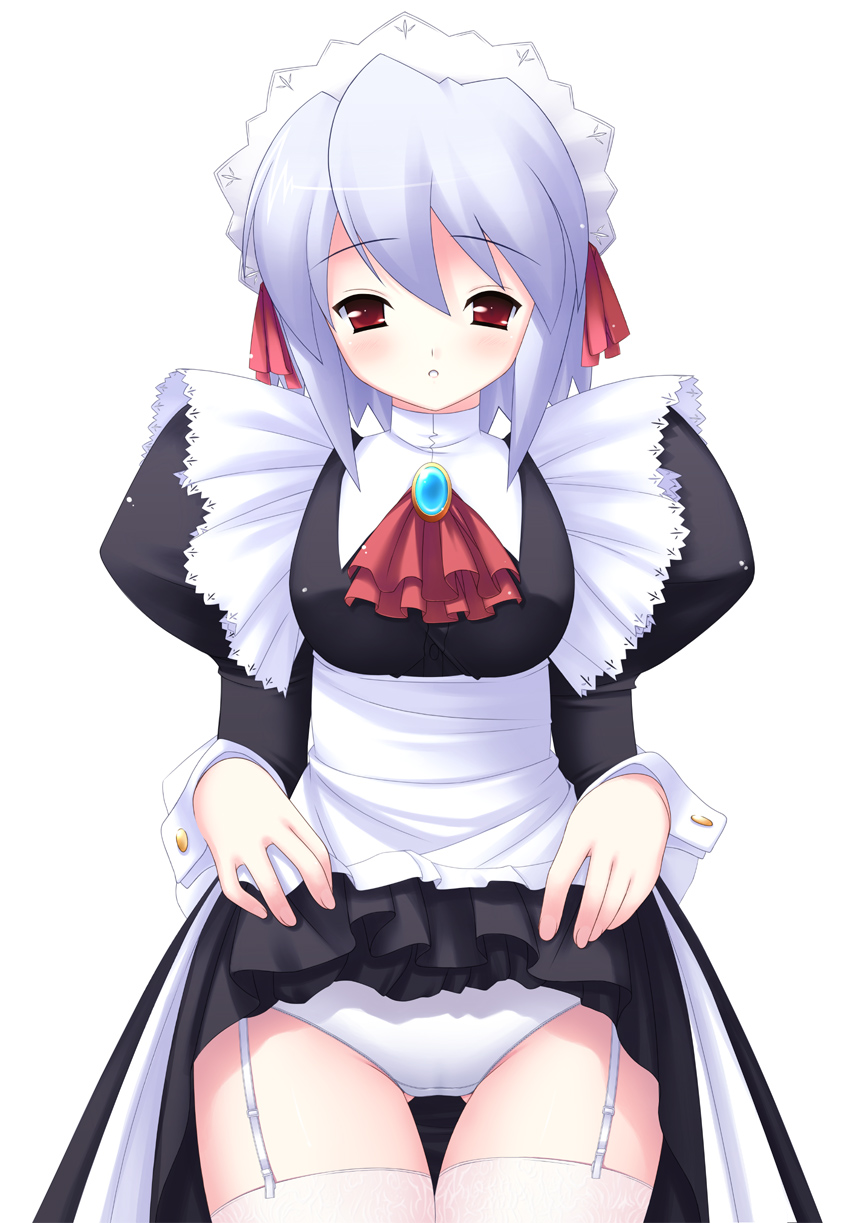 shiou tsuyukusa, kotonomiya yuki, suigetsu, highres, 1girl, breasts, clothes lift, female focus, maid, panties, simple background, skirt, skirt lift, solo, thighhighs, underwear