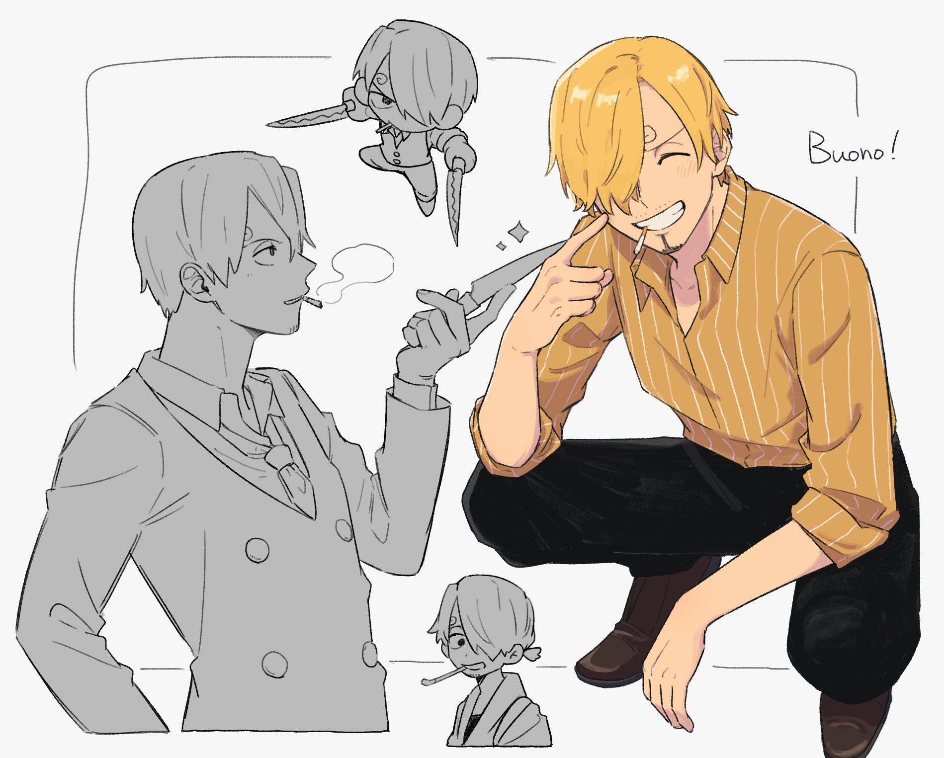 iqracha, sanji (one piece), one piece, highres, 1boy, black pants, blonde hair, cigarette, closed eyes, curly eyebrows, facing viewer, full body, grin, holding, holding knife, knife, male focus, multiple views, pants, shirt, short hair, smile, smoking, squatting, yellow shirt