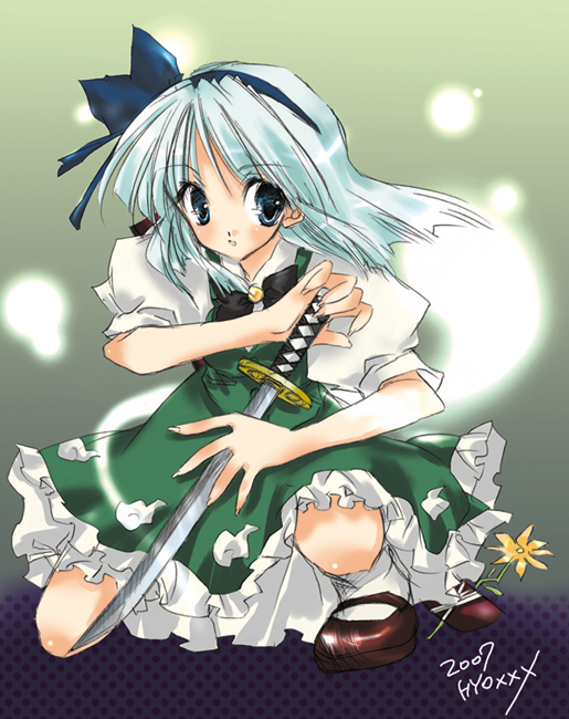 hyouzen katsura, konpaku youmu, konpaku youmu (ghost), touhou, 1girl, female focus, hitodama, katana, solo, sword, weapon