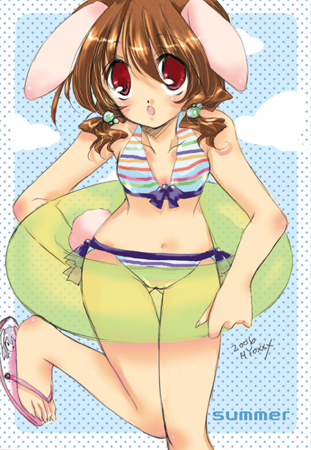hyouzen katsura, inaba tewi, touhou, 1girl, animal ears, artist name, bikini, brown hair, dated, earrings, english text, female focus, flip-flops, innertube, jewelry, outside border, rabbit ears, red eyes, sandals, side-tie bikini bottom, sky, solo, standing, standing on one leg, striped bikini, striped clothes, swim ring, swimsuit, thigh gap