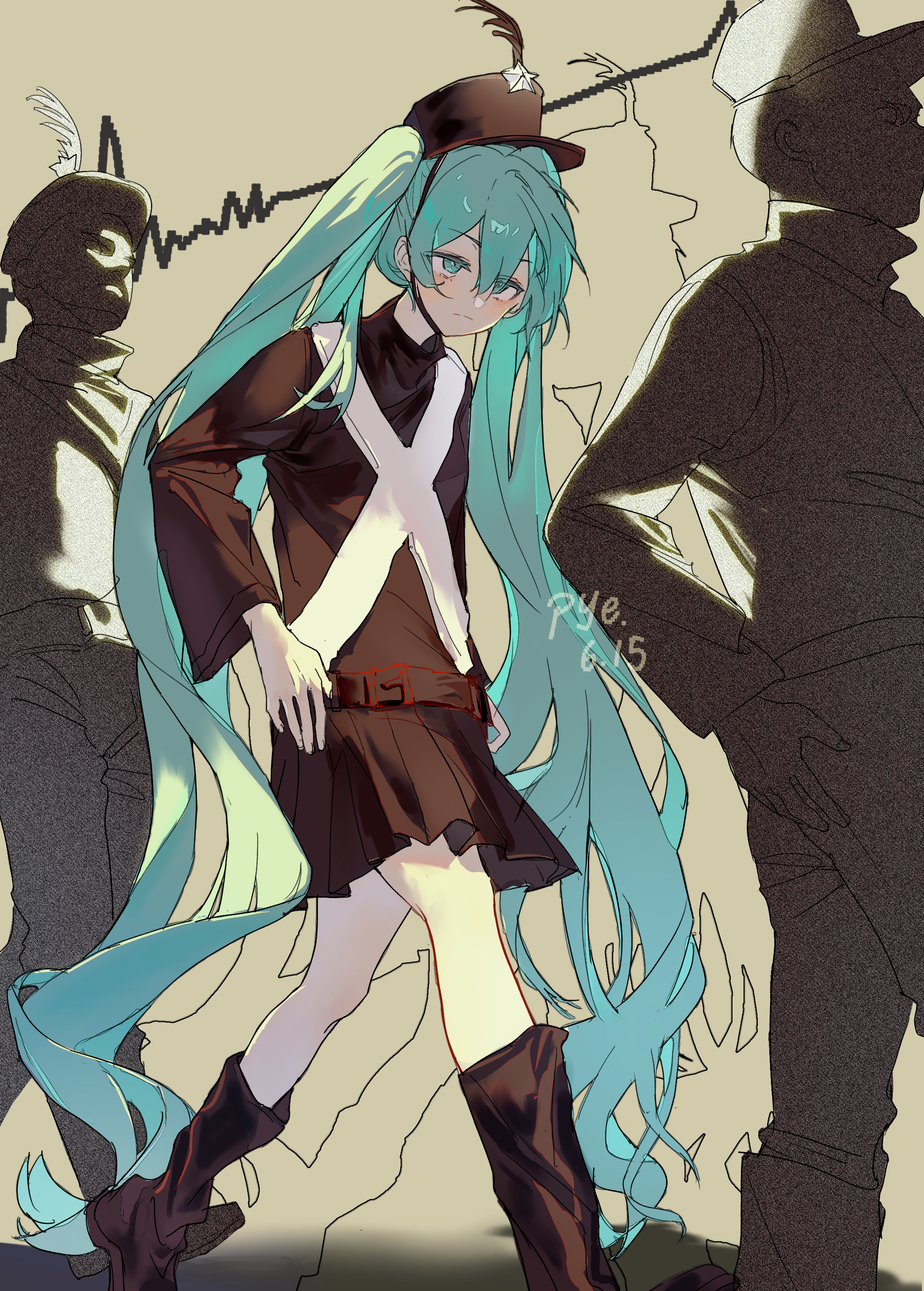 pye yyy, hatsune miku, vocaloid, absurdres, commentary request, highres, 1girl, 2boys, absurdly long hair, artist name, backlighting, belt, black socks, blue eyes, blue hair, brown background, brown belt, brown hat, brown shirt, brown shoes, brown skirt, closed mouth, dated, film grain, foot out of frame, from below, frown, hand on own hip, hat, hat feather, hat ornament, kneehighs, long hair, looking ahead, miniskirt, multiple boys, pants, pleated skirt, ride on the conformism (vocaloid), shirt, shoes, simple background, skirt, socks, solo focus, standing, star (symbol), star hat ornament, turtleneck, turtleneck shirt, twintails, upturned eyes, v-shaped eyebrows, very long hair, walking, wavelengths