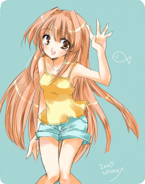 hyouzen katsura, seto sun, seto no hanayome, 00s, 1girl, :d, arm up, armpits, bare shoulders, blonde hair, brown eyes, camisole, female focus, long hair, looking at viewer, open mouth, shorts, smile, solo, spaghetti strap, thigh gap, very long hair, waving