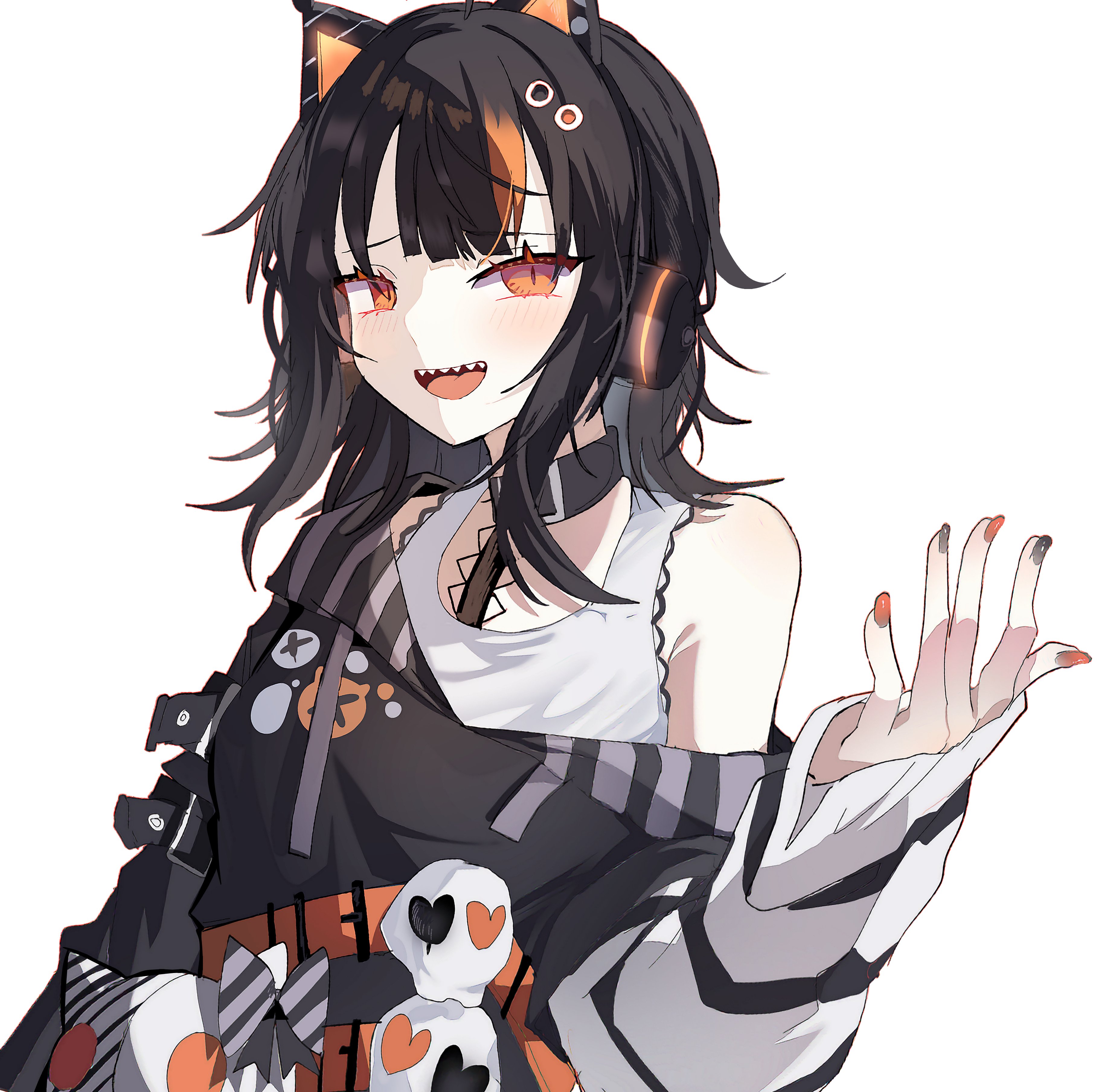 mahou shoujo no majo saiban, absurdres, highres, 1girl, animal ear headphones, animal ears, black dress, black hair, black nails, cat ear headphones, dress, earphones, eyeball hair ornament, fake animal ears, headphones, open mouth, orange eyes, orange nails, orange streaks, sawatari koko, sharp teeth, sima mnsb, simple background, single off shoulder, smile, solo, teeth, white background