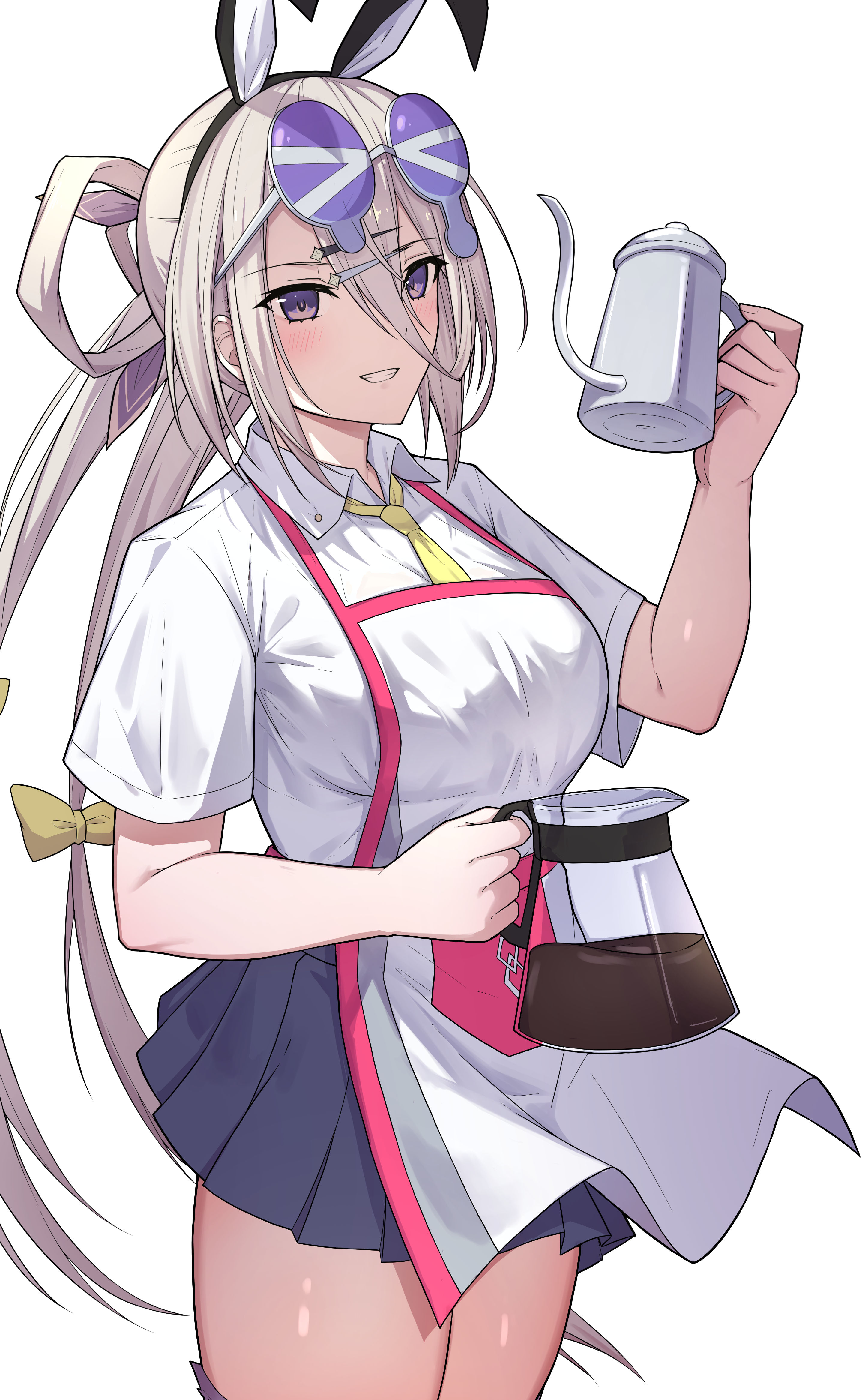natu zame, huyan zhuo (fate), fate/grand order, fate (series), absurdres, highres, 1girl, blush, breasts, coffee, coffee pot, collared shirt, grey hair, grey skirt, grin, huyan zhuo (swimsuit berserker) (fate), large breasts, long hair, looking at viewer, purple eyes, shirt, short sleeves, skirt, smile, solo, thighs, white shirt