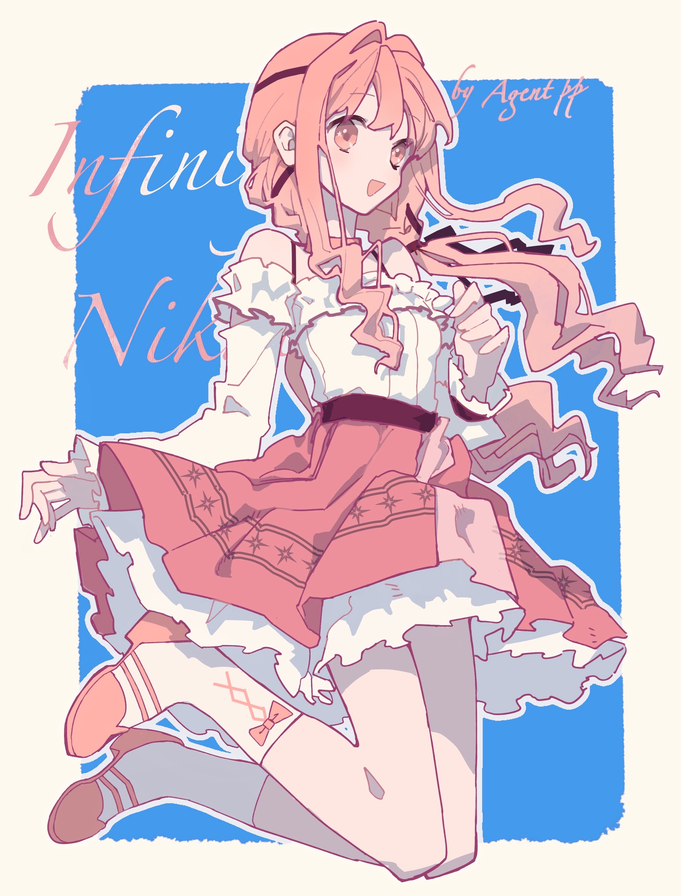 nikki (nikki), perfect start (infinity nikki), infinity nikki, nikki (series), absurdres, highres, 1girl, agent pp, ankle socks, arm cutout, artist name, bare shoulders, belt, black belt, black bow, black ribbon, blue background, border, bow, bow legwear, bra strap, brown eyes, choker, clothing cutout, copyright name, cross-laced clothes, cross-laced legwear, floating clothes, floating hair, frilled shirt, frilled skirt, frilled sleeves, frills, full body, hair bow, hair intakes, hair ribbon, happy, high-waist skirt, high heels, jumping, layered skirt, light blush, long hair, long sleeves, looking ahead, low twintails, miniskirt, off-shoulder shirt, off shoulder, open mouth, outside border, pink bow, pink choker, pink hair, pink shoes, pink skirt, pleated skirt, puffy long sleeves, puffy sleeves, pumps, ribbon, shirt, shoes, sidelocks, skirt, sleeves past wrists, smile, socks, solo, tress ribbon, twintails, very long hair, white border, white shirt, white skirt, white socks