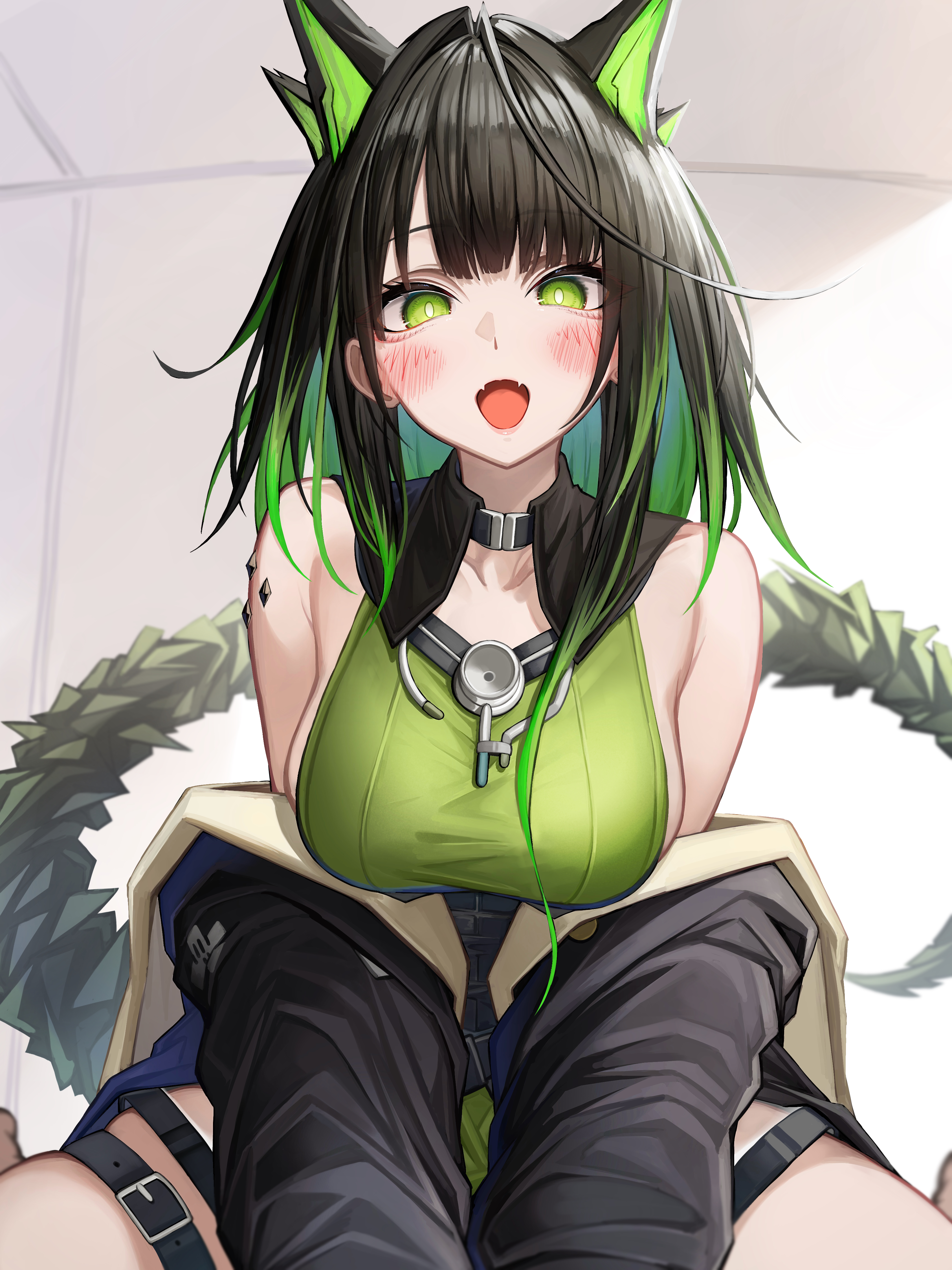 tab head, mon3tr (arknights), arknights, absurdres, highres, textless version, 1girl, animal ears, bare shoulders, black hair, black jacket, blush, breasts, cat ears, colored inner animal ears, colored inner hair, dress, fang, green dress, green eyes, green hair, hair intakes, jacket, large breasts, long hair, looking at viewer, material growth, multicolored hair, off shoulder, open mouth, oripathy lesion (arknights), skin fang, skindentation, tail, thigh strap, thighs