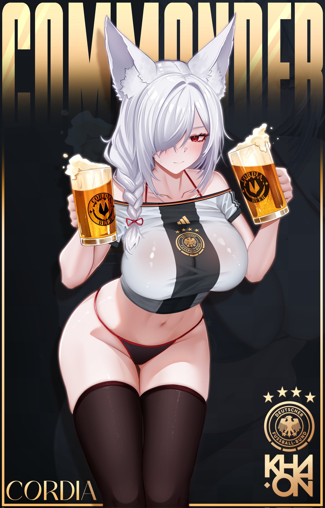 khaonpng, discordia (vtuber), adidas, indie virtual youtuber, highres, second-party source, 1girl, animal ear fluff, animal ears, beer mug, bikini, bikini bottom only, black bikini, black thighhighs, braid, breasts, closed mouth, collarbone, cup, fox ears, fox girl, froth, hair over one eye, leaning forward, logo, mug, navel, off-shoulder shirt, off shoulder, red eyes, shirt, soccer uniform, solo, sportswear, star (symbol), swimsuit, thighhighs, virtual youtuber, white hair