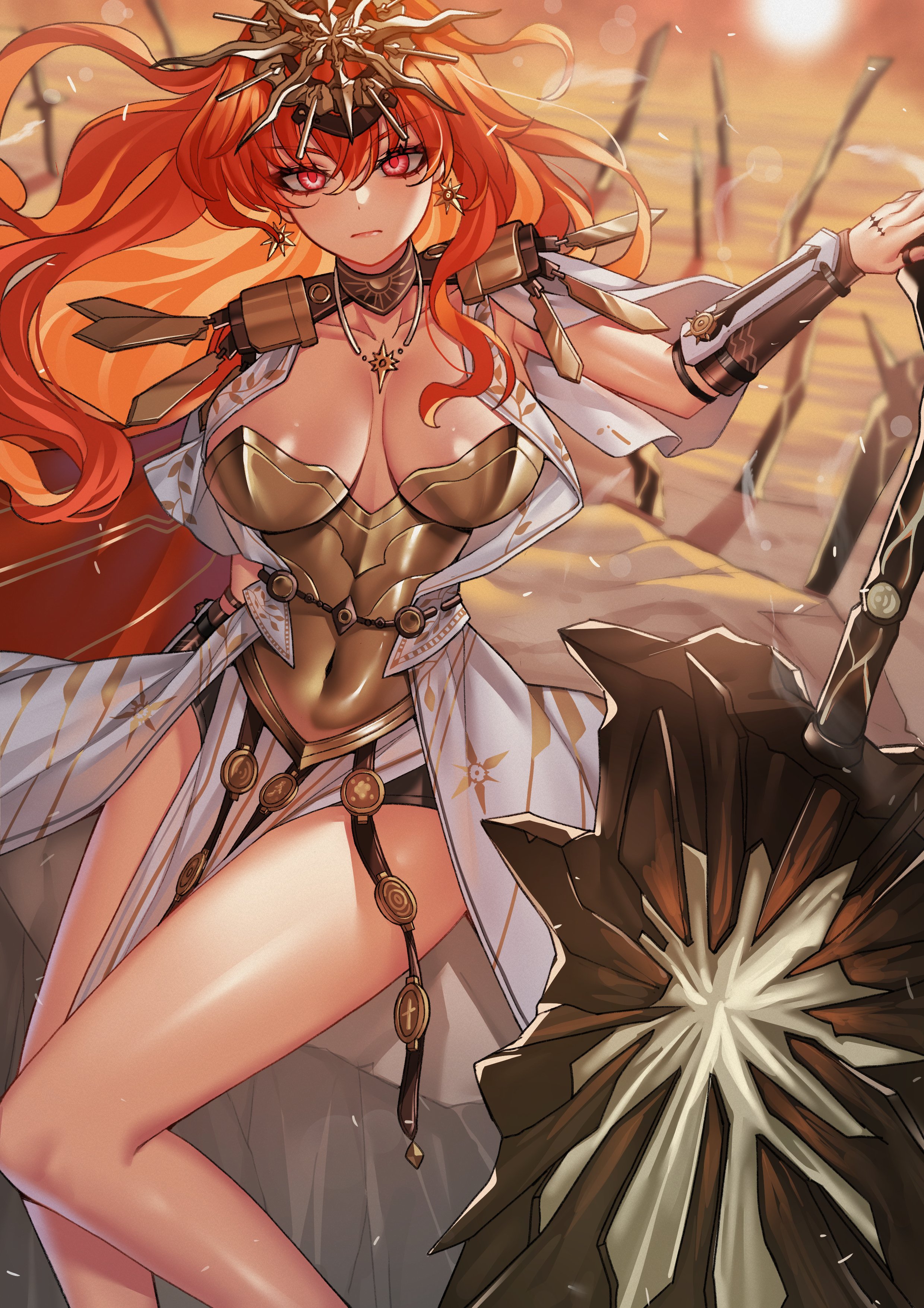 nanni jjang, augusta (wuthering waves), wuthering waves, absurdres, highres, 1girl, ancient greek clothes, arm armor, armor, breastplate, breasts, covered navel, earrings, greatsword, greco-roman clothes, head wreath, headgear, holding, holding sword, holding weapon, jewelry, large breasts, long hair, orange hair, red eyes, solo, sun, sun earrings, sword, tacet mark (wuthering waves), thighs, weapon