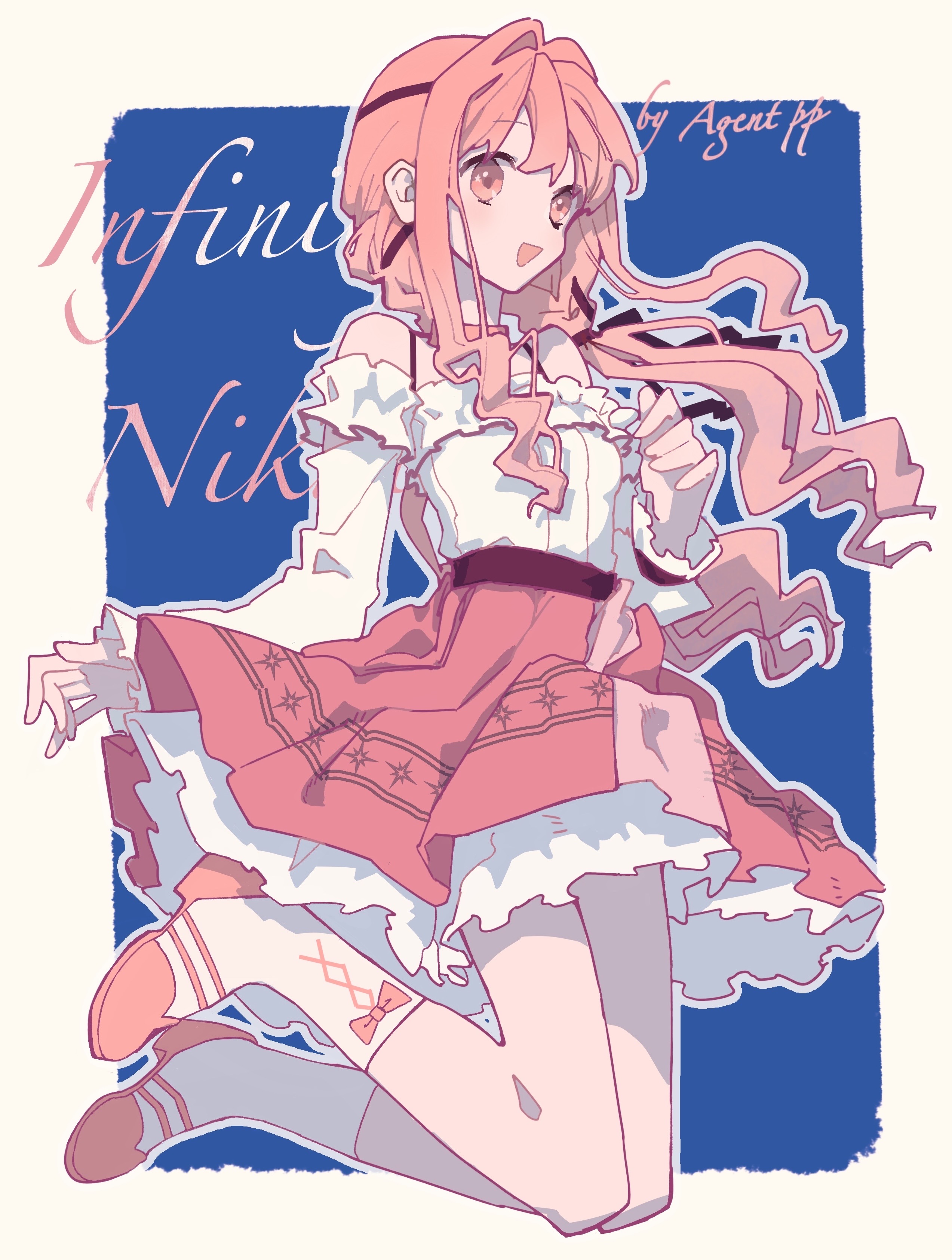 nikki (nikki), perfect start (infinity nikki), infinity nikki, nikki (series), absurdres, highres, 1girl, agent pp, ankle socks, arm cutout, artist name, bare shoulders, belt, black belt, black bow, black ribbon, blue background, border, bow, bow legwear, bra strap, brown eyes, choker, clothing cutout, copyright name, cross-laced clothes, cross-laced legwear, floating clothes, floating hair, frilled shirt, frilled skirt, frilled sleeves, frills, full body, grey outline, hair bow, hair intakes, hair ribbon, happy, high-waist skirt, high heels, jumping, layered skirt, light blush, long hair, long sleeves, looking ahead, low twintails, miniskirt, off-shoulder shirt, off shoulder, open mouth, outline, outside border, pink bow, pink choker, pink hair, pink shoes, pink skirt, pleated skirt, puffy long sleeves, puffy sleeves, pumps, ribbon, shirt, shoes, sidelocks, skirt, sleeves past wrists, smile, socks, solo, tress ribbon, twintails, very long hair, white border, white shirt, white skirt, white socks