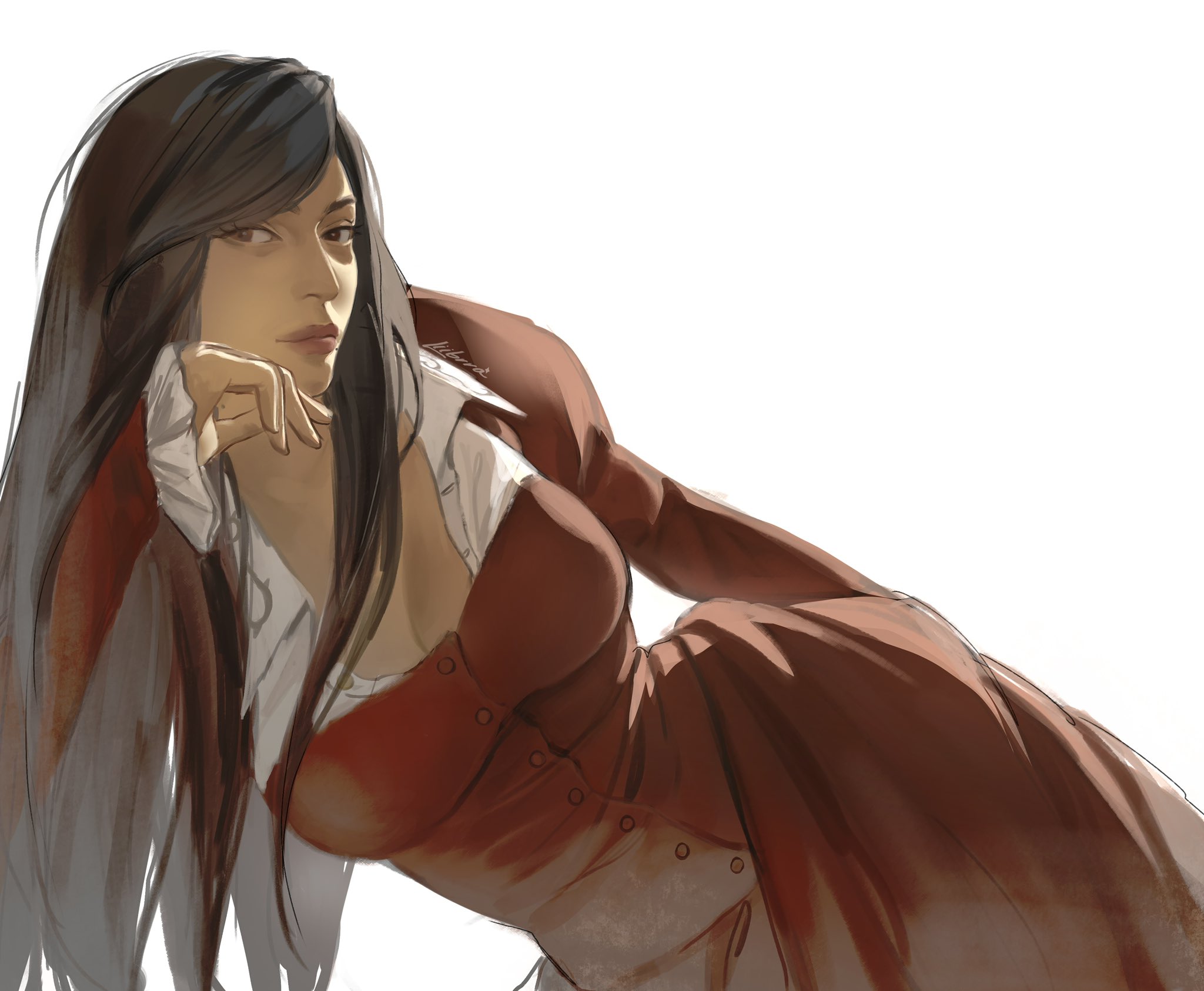 liibrra, devil may cry (series), original, highres, 1girl, black hair, breasts, cleavage, closed mouth, collarbone, dress, hand on own chin, lady in red (devil may cry), long dress, long hair, looking at viewer, makeup, red dress, red eyes, solo, white background