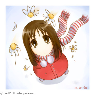 eva soulu, kasuga ayumu, azumanga daiou, lowres, 1girl, brown eyes, brown hair, female focus, flower, gradient background, outdoors, scarf, snow, solo