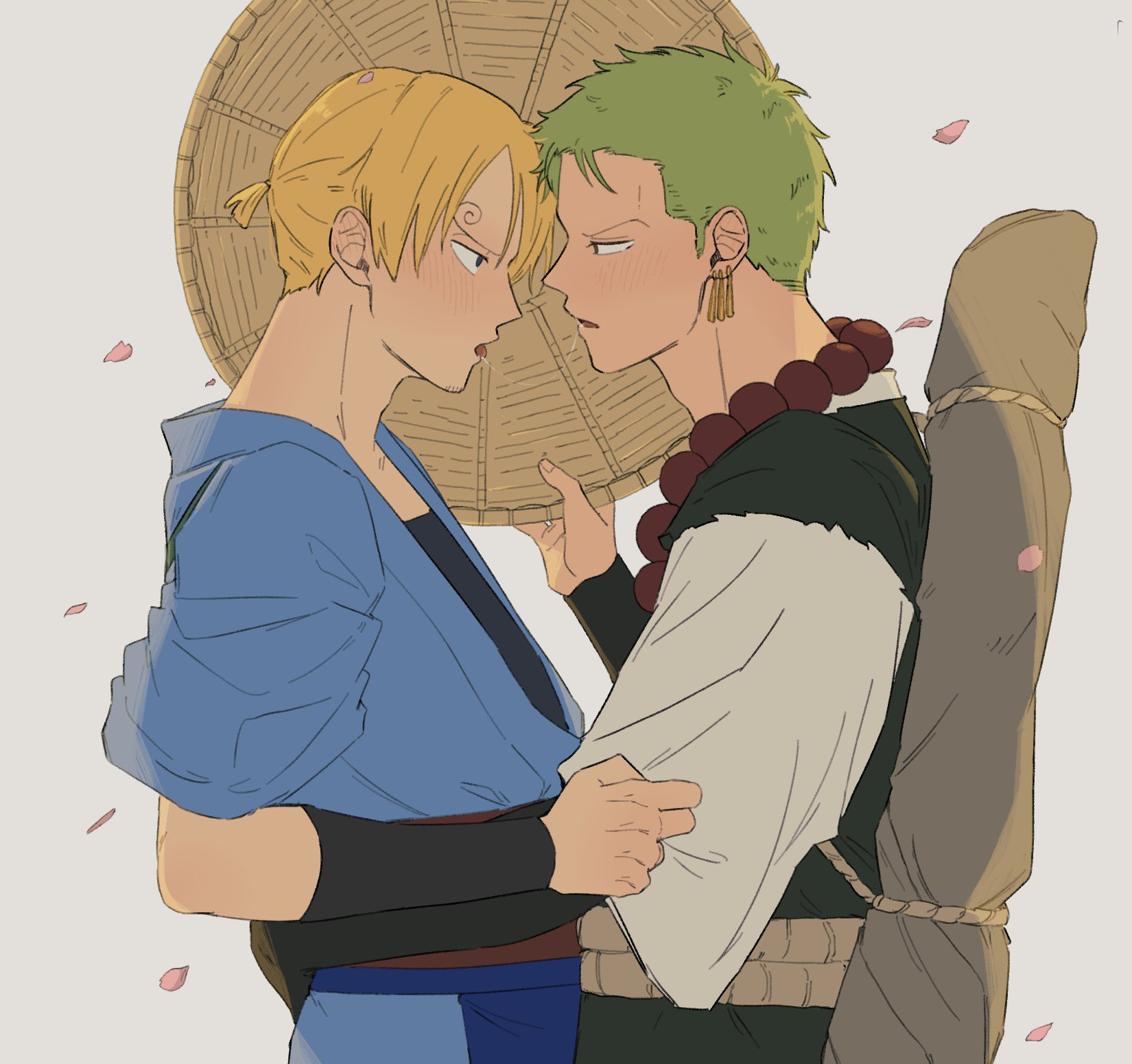 iqracha, roronoa zoro, sanji (one piece), one piece, highres, 2boys, adam's apple, bead necklace, beads, blonde hair, blue kimono, blush, curly eyebrows, from side, green hair, grey background, hat, japanese clothes, jewelry, kimono, male focus, multiple boys, necklace, open mouth, parted lips, pink petals, ponytail, saliva, saliva trail, short hair, short ponytail, straw hat, weapon bag, yaoi