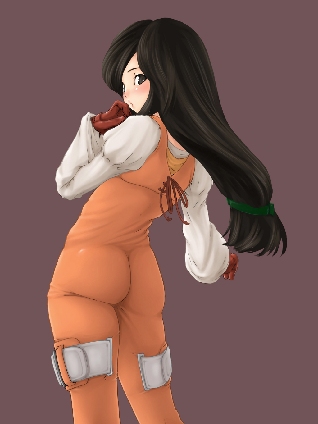 hebameki, garnet til alexandros xvii, final fantasy, final fantasy ix, highres, 00s, ass, back, black eyes, black hair, blush, bodysuit, gloves, latex, long hair, looking back, simple background