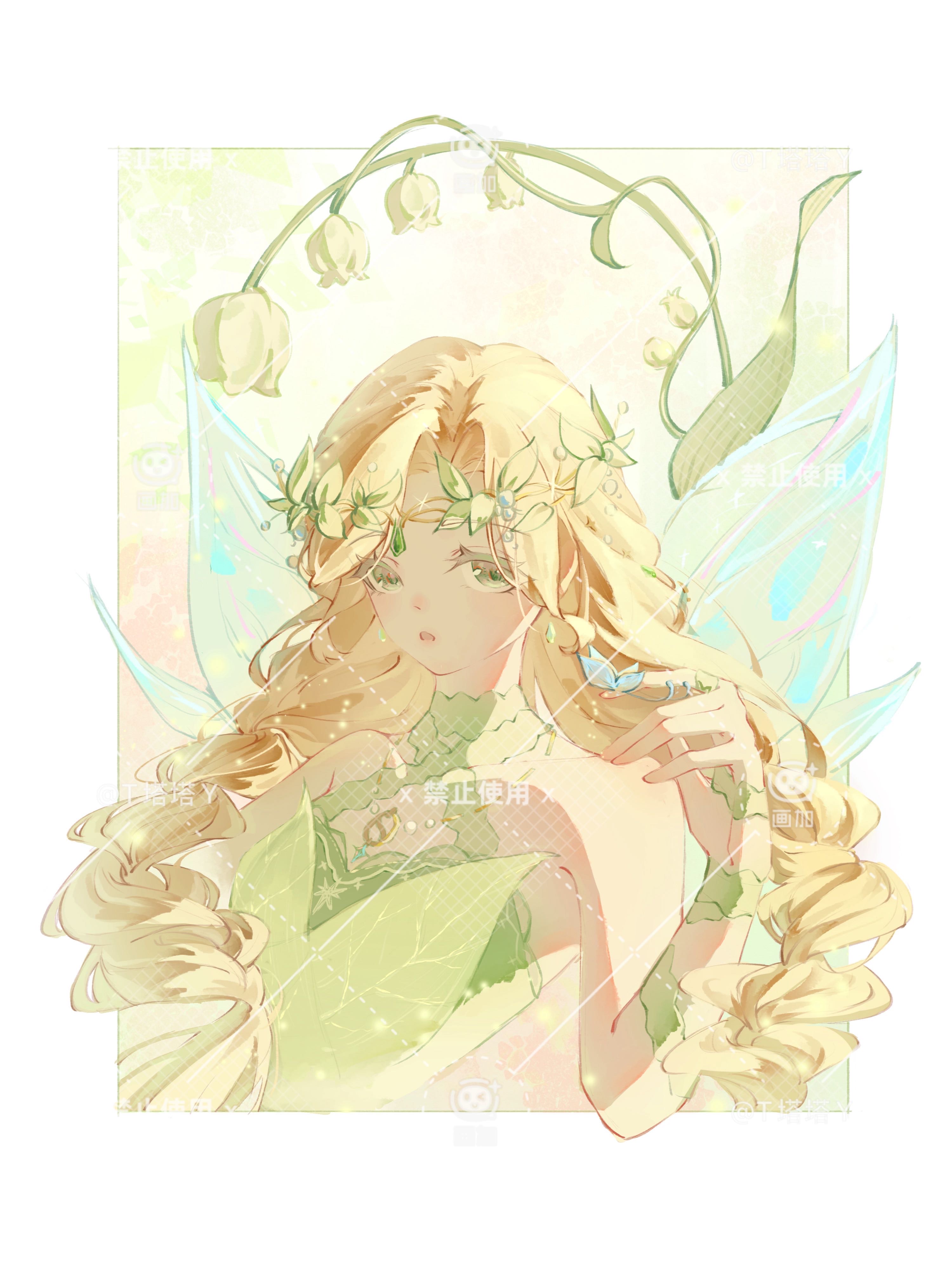 nikki (series), shining nikki, absurdres, artist request, bad link, commission, highres, second-party source, 1girl, arm ribbon, blonde hair, blue butterfly, blue wings, border, braid, bug, butterfly, butterfly on hand, choker, circlet, dress, eyelashes, fairy, fairy wings, fireflies, flower, gradient background, green choker, green dress, green eyes, green ribbon, hair ornament, halter dress, halterneck, insect, jewelry, leaf, leaf hair ornament, light particles, lily of the valley, long hair, looking at viewer, low twin braids, necklace, orange background, outside border, ribbon, ring, sample watermark, solo, stray springwood (shining nikki), stylist (nikki), twin braids, upper body, very long hair, watermark, watermark grid, white border, white flower, wings, yellow background
