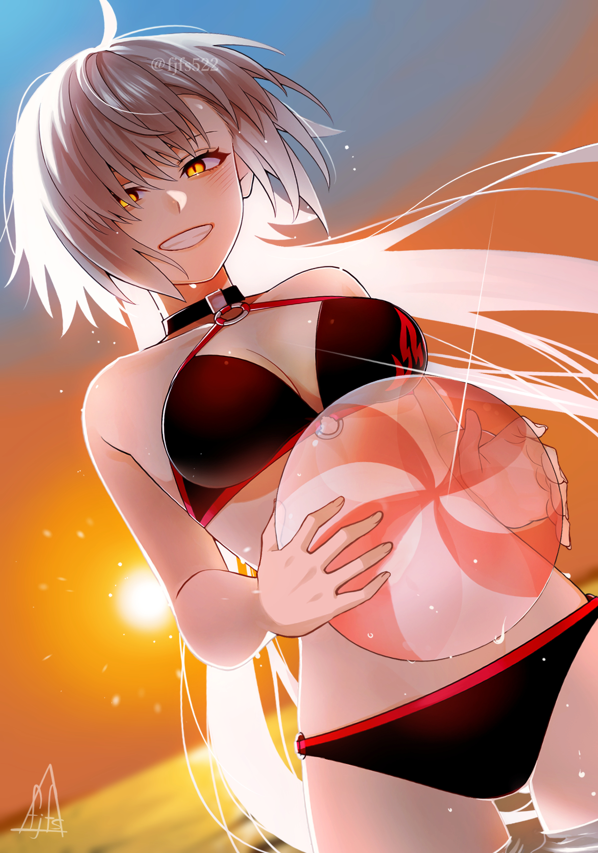 fjfs522, jeanne d'arc alter (fate), jeanne d'arc alter (swimsuit berserker) (fate), fate/grand order, fate (series), highres, 1girl, ahoge, ball, bare arms, bare shoulders, beach, beachball, bikini, black bikini, black choker, blurry, blurry background, blush, breasts, choker, cleavage, cowboy shot, dutch angle, flame print, grey hair, hair over one eye, holding, holding ball, holding beachball, horizon, large breasts, light particles, long hair, looking at viewer, multicolored bikini, navel, o-ring, o-ring bikini, o-ring choker, ocean, red bikini, sky, smile, solo, standing, sunset, swimsuit, two-tone bikini, very long hair, wading, water drop, yellow eyes