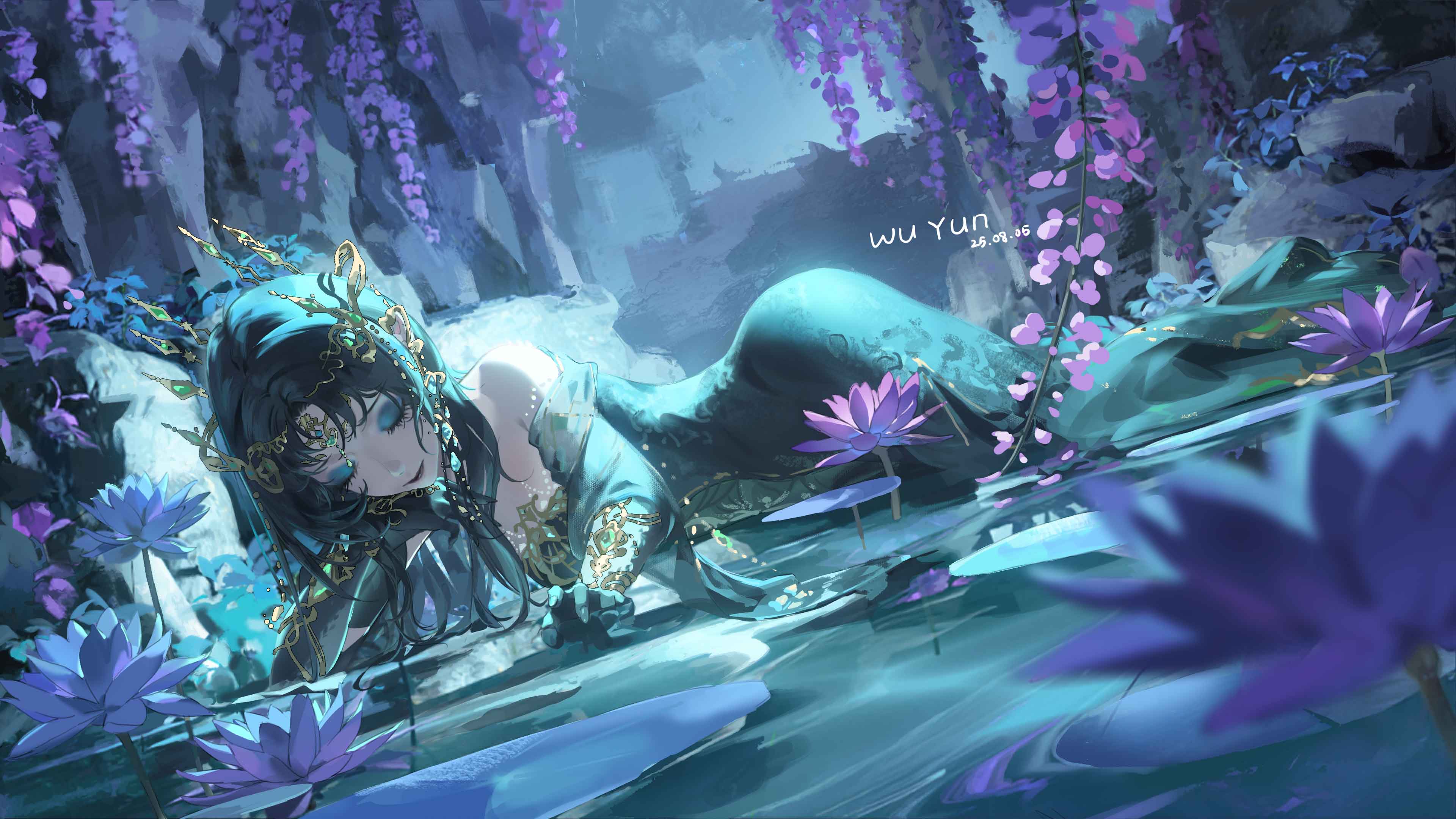 infinity nikki, nikki (series), absurdres, chinese commentary, commentary request, highres, 1girl, aqua eyeshadow, bare shoulders, black hair, black leotard, circlet, closed eyes, closed mouth, dated, dress, dutch angle, eyelashes, eyeshadow, flower, full body, gloves, gold circlet, gown, green dress, green gloves, hair spread out, hand on own cheek, hand on own face, lake, leotard, lily pad, lipstick, long dress, long hair, long sleeves, lying, makeup, off-shoulder dress, off shoulder, on stomach, petals, purple flower, reaching, ripples, rock, sidelocks, signature, solo, tide of tears (infinity nikki), underground, water lily flower, wavy hair, wisteria, you wuyun