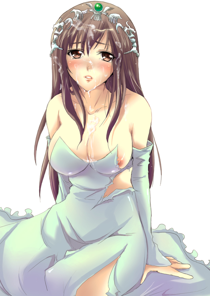 flieger, garnet til alexandros xvii, final fantasy, final fantasy ix, photoshop (medium), 00s, 1girl, bare shoulders, blush, breasts, brown eyes, brown hair, cleavage, crown, crying, crying with eyes open, cum, cum on body, cum on breasts, cum on hair, cum on upper body, cumdrip, dress, elbow gloves, facial, female focus, gloves, gown, hat, long hair, nipple slip, nipples, official alternate costume, princess, solo, tears, tiara, torn clothes