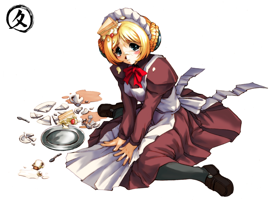 hisahiko, melua melna meia, banpresto, super robot wars, super robot wars judgement, 1girl, accident, apron, black pantyhose, blonde hair, double bun, female focus, full body, hair bun, maid, maid apron, pantyhose, simple background, sitting, solo, white background