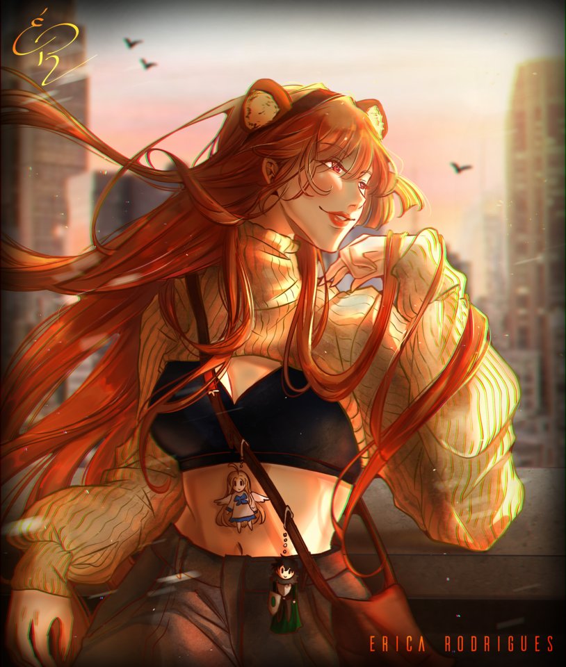 filo (tate no yuusha no nariagari), iwatani naofumi, raphtalia, tate no yuusha no nariagari, commentary, english commentary, paid reward available, 1girl, against railing, animal ear fluff, animal ear hairband, animal ears, artist name, bag, black bra, bra, breasts, brown bag, brown hair, brown pants, character charm, charm (object), cityscape, cowboy shot, fake animal ears, floating hair, hair between eyes, hairband, hand up, handbag, humanization, lips, long hair, looking to the side, navel, pants, raccoon ears, railing, red eyes, red lips, ricasensei art, shrug (clothing), sidelocks, signature, sleeves past wrists, small breasts, smile, solo, stomach, straight hair, turtleneck shrug, underwear, white shrug