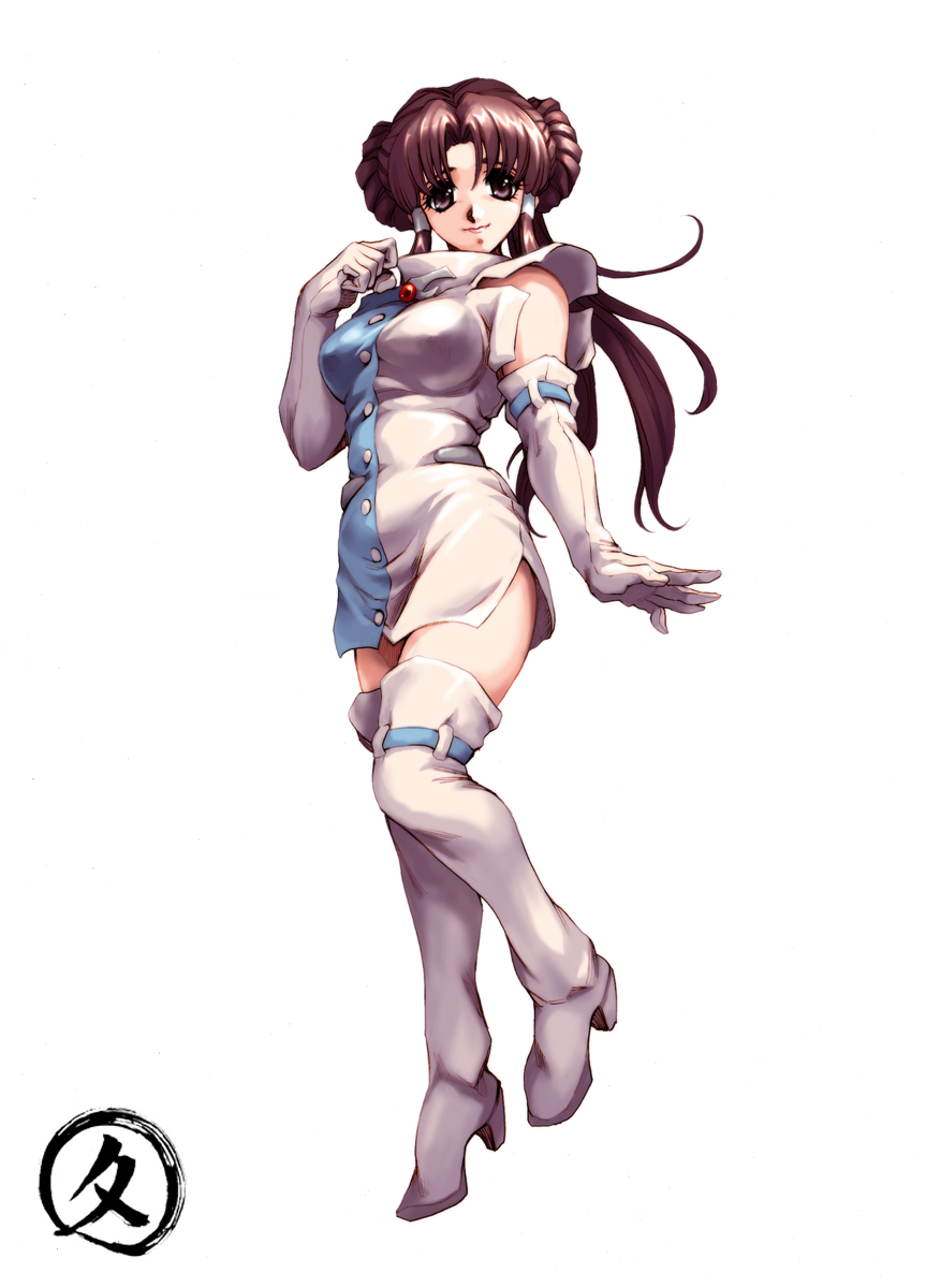 hisahiko, minaki tomine, banpresto, super robot wars, super robot wars alpha, the 3rd super robot wars alpha, highres, 1girl, bare shoulders, belt, boots, brown hair, buttons, clenched hand, donut hair bun, double bun, dress, elbow gloves, female focus, full body, gem, gloves, hair bun, hair tubes, high heels, leg lift, lipstick, long hair, looking at viewer, makeup, parted bangs, ponytail, purple eyes, shoes, short dress, side slit, sidelocks, simple background, smile, solo, standing, standing on one leg, strap, thigh boots, thighhighs, turtleneck, white background, white thighhighs, zettai ryouiki