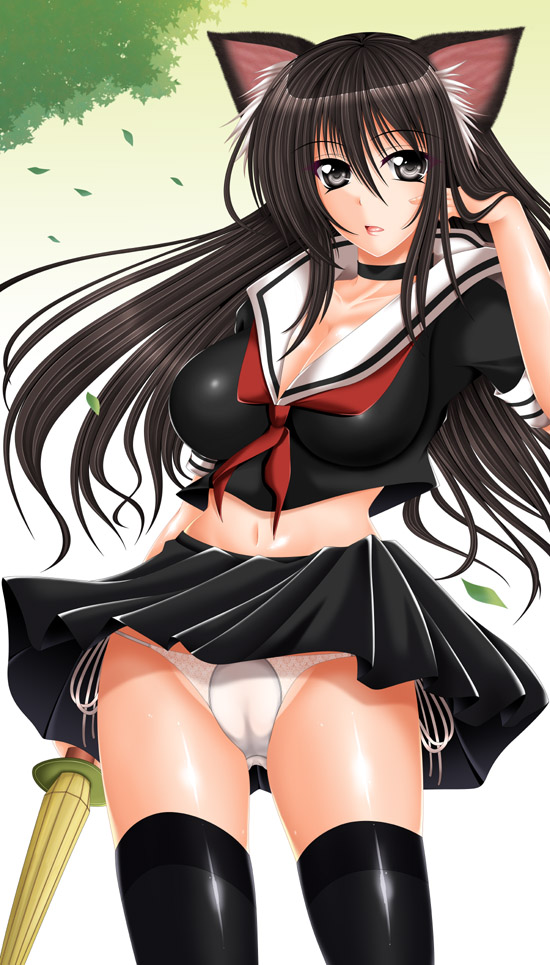 happy water, kizaki yuuri, original, animal ears, cat ears, panties, pantyshot, school uniform, serafuku, solo, thighhighs, underwear