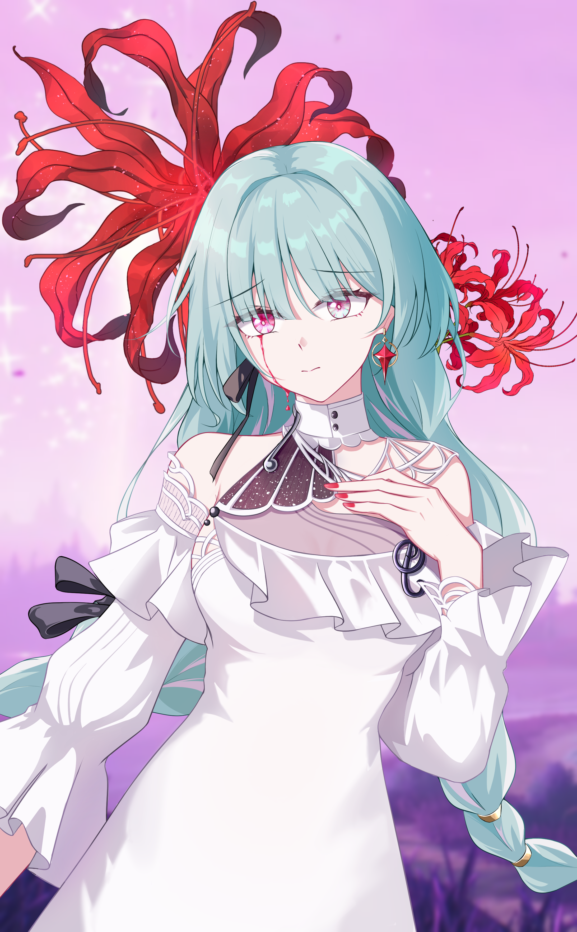 xiaoye795, phrolova (wuthering waves), wuthering waves, absurdres, commentary request, highres, partial commentary, 1girl, bare shoulders, blood, bloody tears, braid, breasts, closed mouth, cowboy shot, dress, earrings, flower, grey eyes, grey hair, hand on own chest, heterochromia, jewelry, long dress, long hair, low twin braids, medium breasts, multicolored hair, nail polish, official alternate costume, pink eyes, purple sky, red nails, sky, solo, spider lily, streaked hair, twin braids, white dress