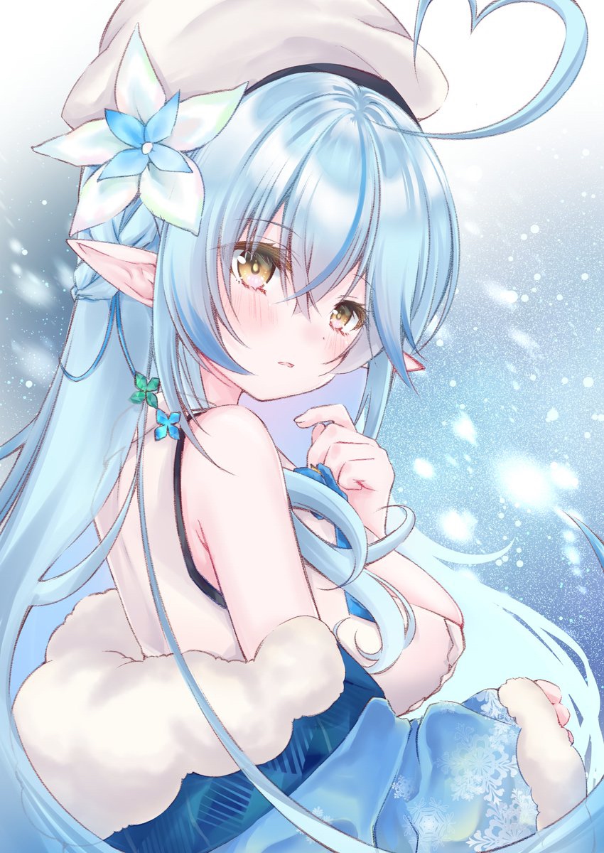 moizumi shipon, yukihana lamy, highres, 1girl, ahoge, blue eyes, blush, from behind, hat, heart, heart ahoge, pointy ears, snow, solo, yellow eyes
