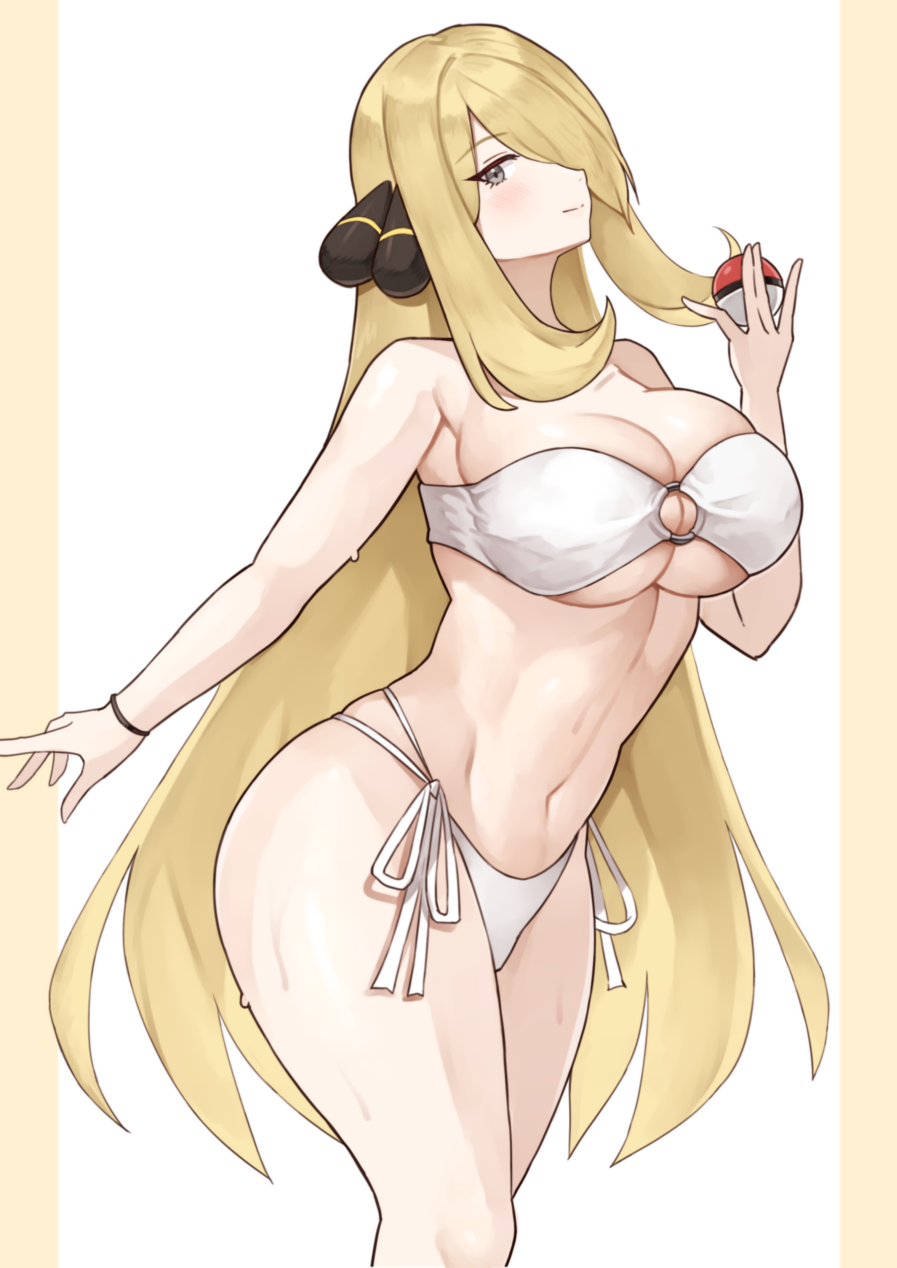 yotsuha uni, cynthia (pokemon), nintendo, pokemon, pokemon dppt, absurdres, highres, 1girl, bikini, blonde hair, blush, breasts, cleavage, closed mouth, hair ornament, hair over one eye, large breasts, long hair, looking at viewer, navel, poke ball, smile, solo, swimsuit, very long hair
