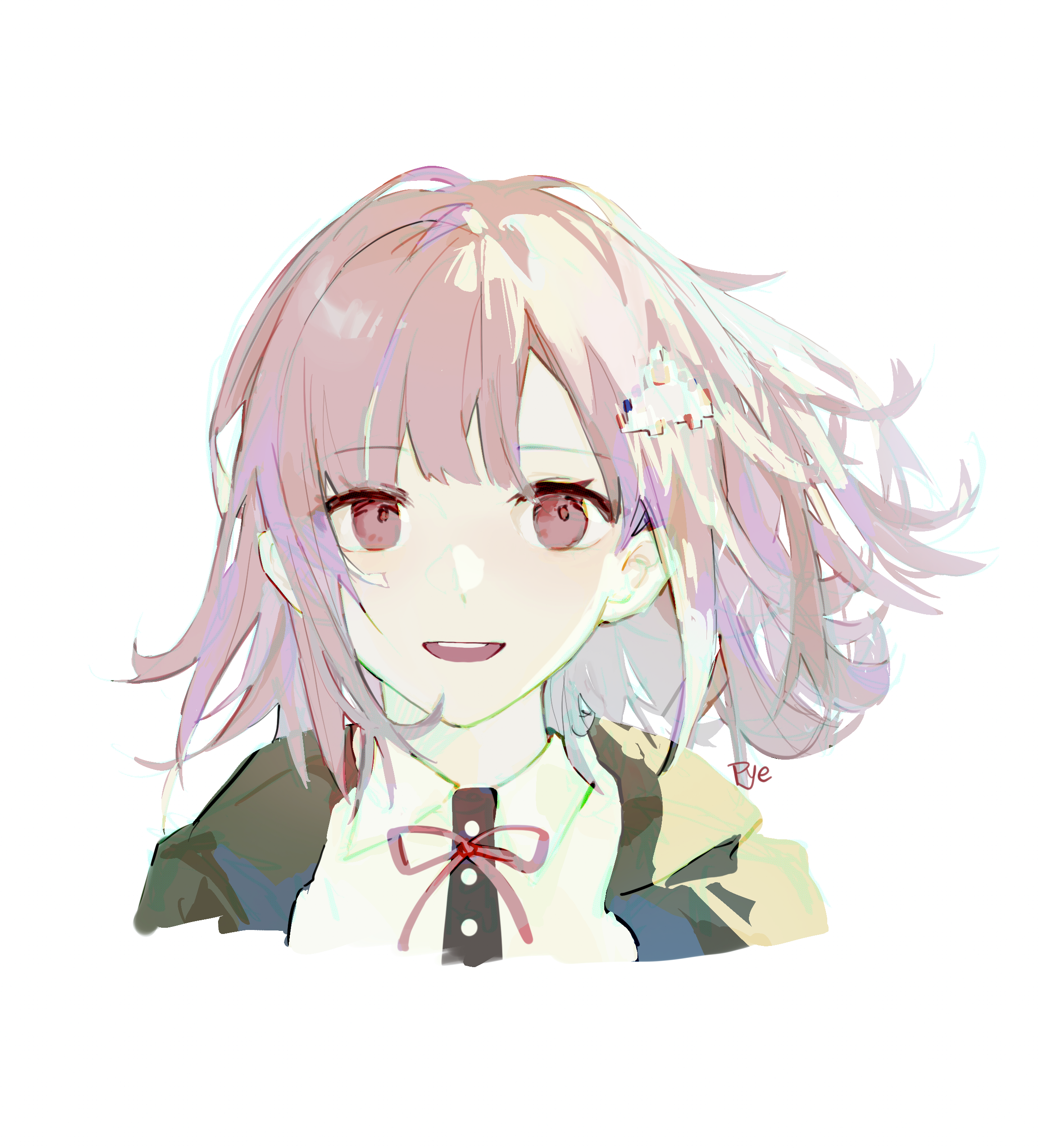 pye yyy, nanami chiaki, danganronpa (series), danganronpa 2: goodbye despair, galaga, absurdres, commentary request, highres, 1girl, :d, artist name, black jacket, buttons, chromatic aberration, collared shirt, cropped shoulders, hair behind ear, hair ornament, hood, hood down, hooded jacket, jacket, looking at viewer, medium hair, neck ribbon, open clothes, open jacket, open mouth, pink eyes, pink hair, red ribbon, ribbon, shirt, sidelighting, sidelocks, simple background, smile, solo, straight-on, teeth, upper teeth only, white background, white shirt, wind