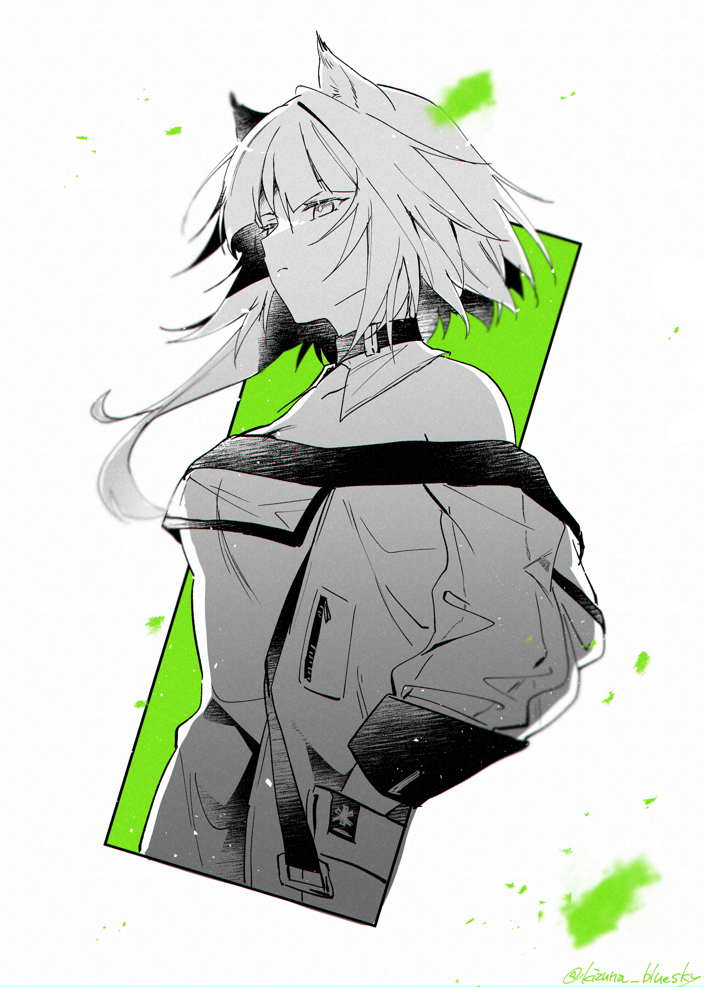 soukuu kizuna, kal'tsit (arknights), arknights, commentary, highres, 1girl, animal ears, bare shoulders, breasts, cleavage, closed mouth, dress, frown, green background, greyscale with colored background, hand in pocket, long sleeves, looking ahead, medium breasts, off shoulder, short hair with long locks, solo, star of life, twitter username