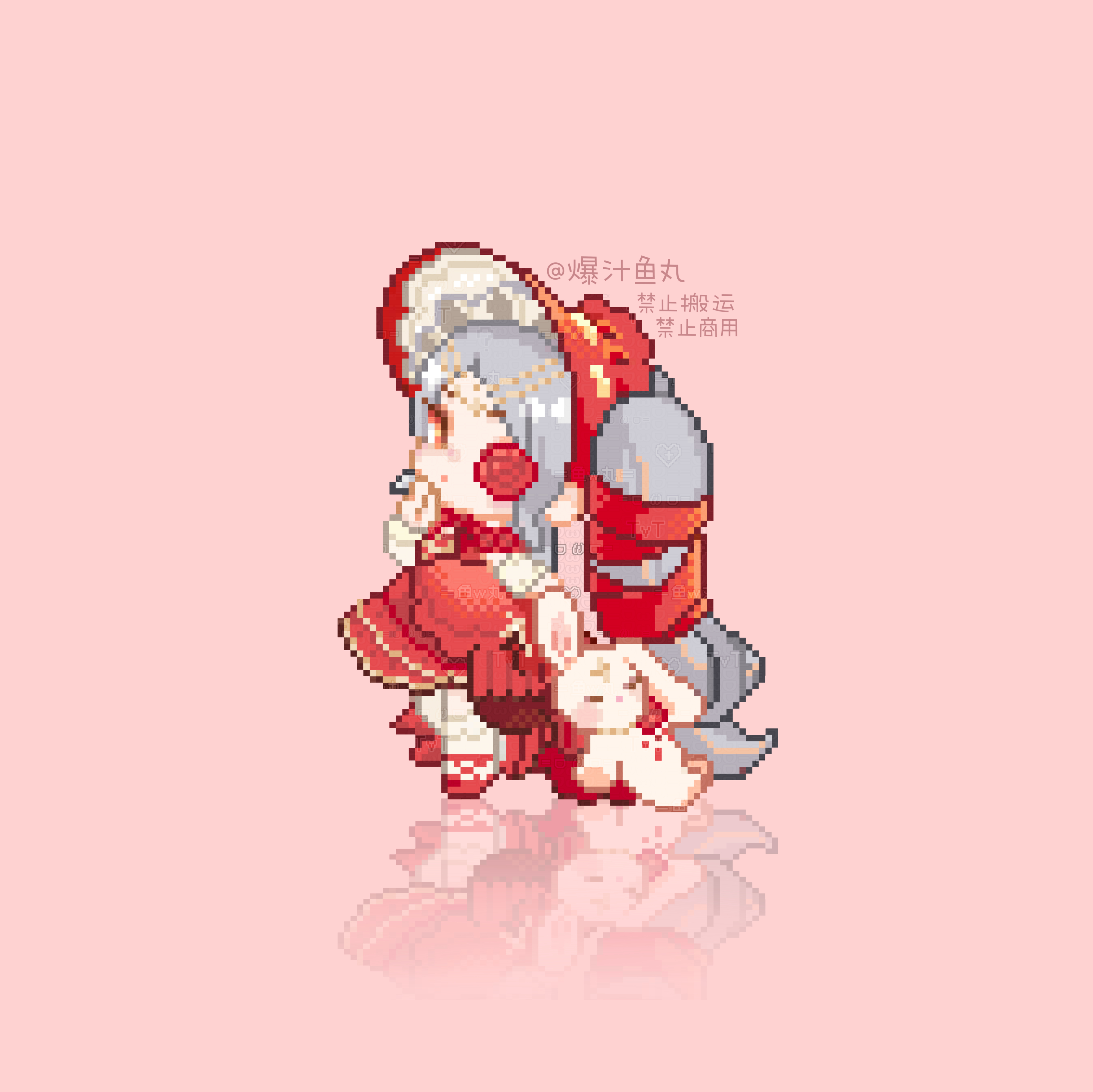 nikki (series), shining nikki, absurdres, highres, 1girl, :o, absurdly long hair, artist name, asymmetrical docking, baozhi yuwan, beads, bonnet, breast press, chibi, circlet, cross-laced shoes, dress, expressionless, eyelashes, flower, flower in eye, frilled dress, frilled headwear, frilled sleeves, frilled socks, frills, gold circlet, grey hair, hair beads, hair ornament, hair ribbon, hand on own chin, holding, holding stuffed toy, kneehighs, layered sleeves, lolita fashion, long dress, long hair, long sleeves, parted lips, pink background, pixel art, red bonnet, red dress, red eyes, red flower, red ribbon, red rose, red shoes, reflective floor, ribbon, ribbon-trimmed headwear, ribbon trim, rose, shoes, short over long sleeves, short sleeves, simple background, socks, solo, standing, stuffed animal, stuffed rabbit, stuffed toy, symbol in eye, tress ribbon, unfading flower (shining nikki), very long hair, watermark, wavy hair, white sleeves, white socks