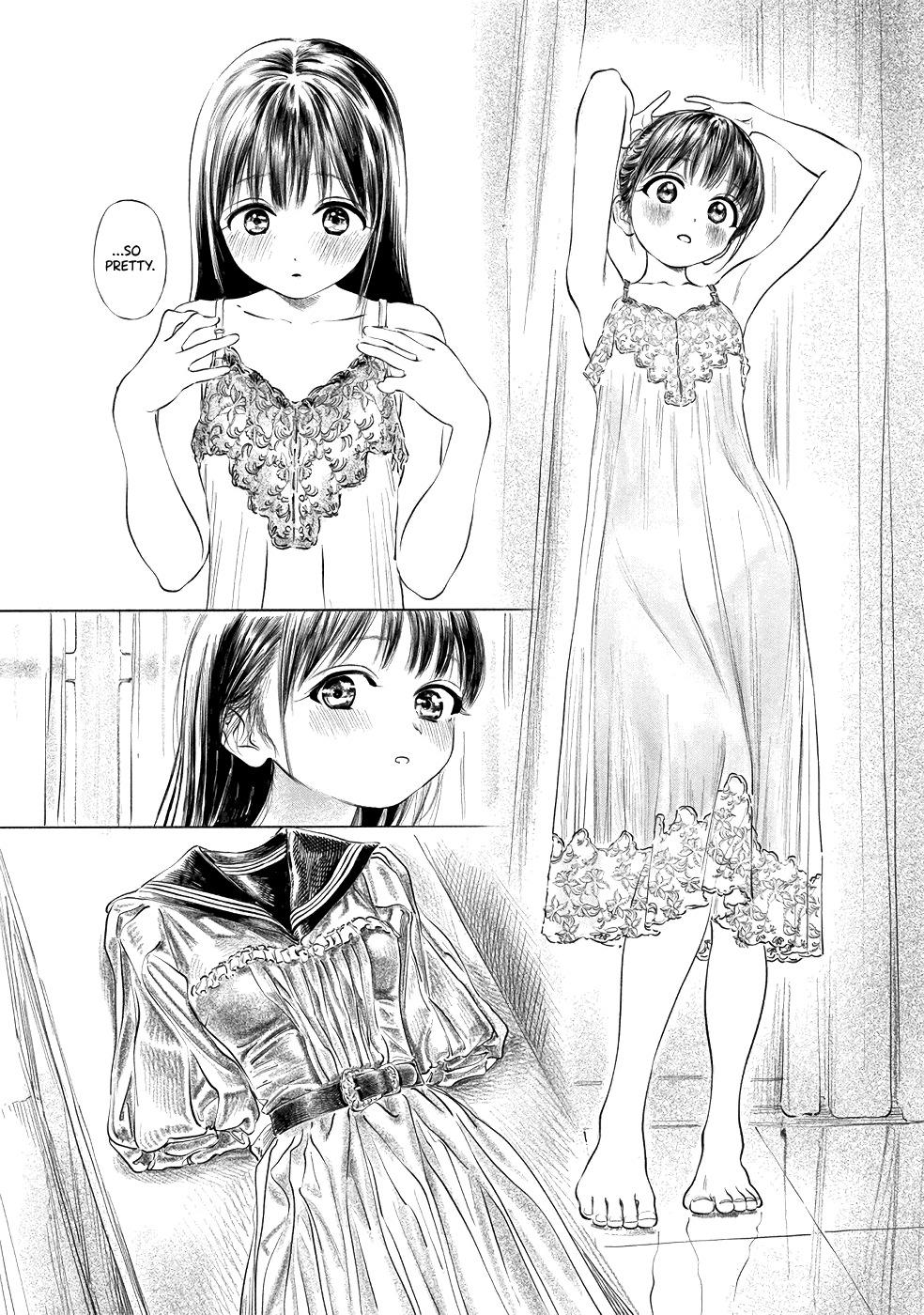 hiro (dismaless), akebi komichi, akebi-chan no serafuku, highres, official art, translated, 1girl, armpits, arms up, bare shoulders, barefoot, belt, blush, breasts, changing room, collarbone, collared dress, dot nose, dress, english text, female focus, flat chest, full body, gown, indoors, long hair, long skirt, manga illustration, manga page, monochrome, nightgown, open mouth, short sleeves, skirt, sleeveless, small breasts, solo, solo focus, toes