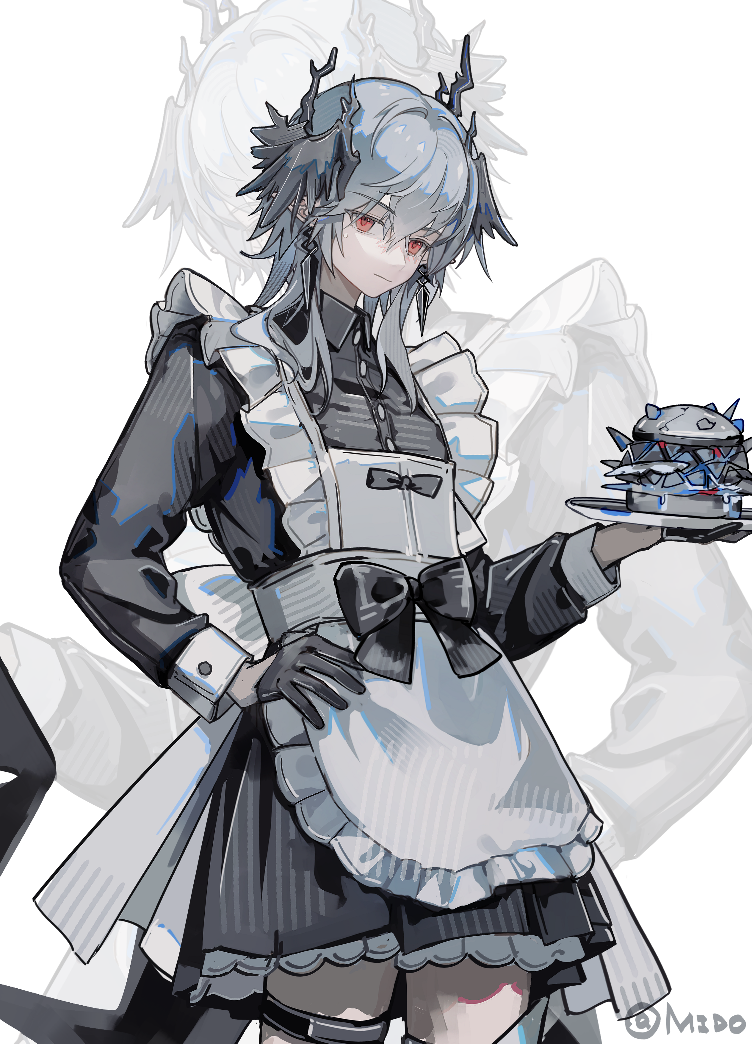 mido (mido chen), logos (arknights), arknights, absurdres, chinese commentary, commentary request, highres, apron, artist name, black dress, black gloves, closed mouth, crossdressing, crossdressing (mtf), dress, gloves, grey hair, holding, holding plate, long sleeves, maid, male maid, plate, red eyes, short dress, short hair, simple background, white background, zoom layer