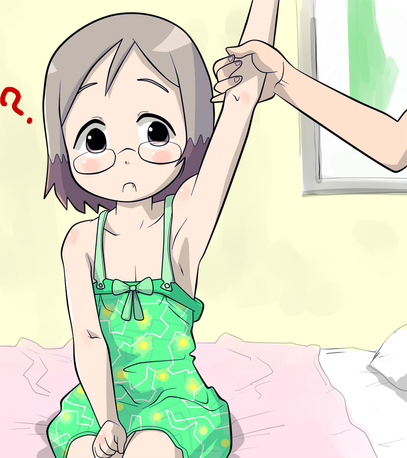 sakuragi matsuri, ichigo mashimaro, derivative work, vector trace, 1girl, ?, armpits, eyebrows hidden by hair, female focus, glasses, solo