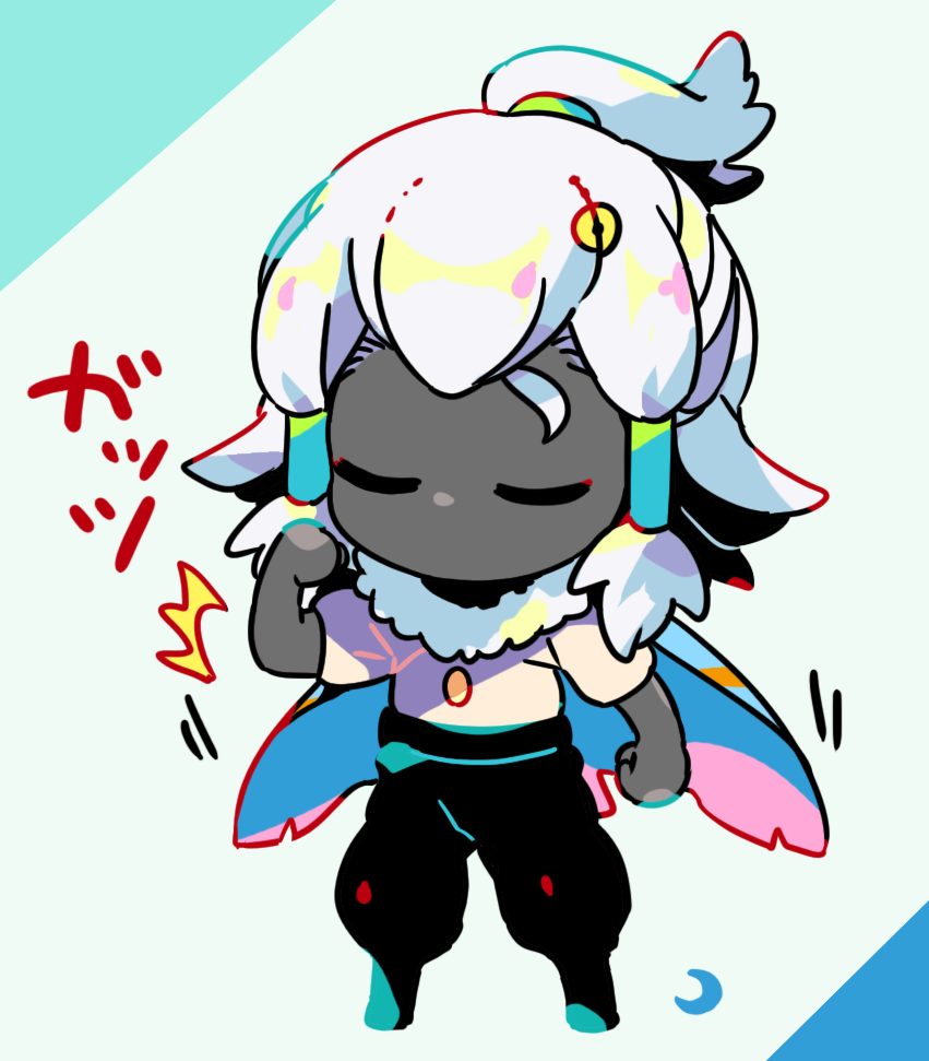 mizuki tsukimori, sky: children of the light, character request, translation request, 1girl, black pants, cape, chibi, chibi only, closed eyes, colored skin, facing viewer, flexing, full body, grey skin, hair tubes, no mouth, pants, ponytail, shirt, short hair, sidelocks, solo, white hair, white shirt