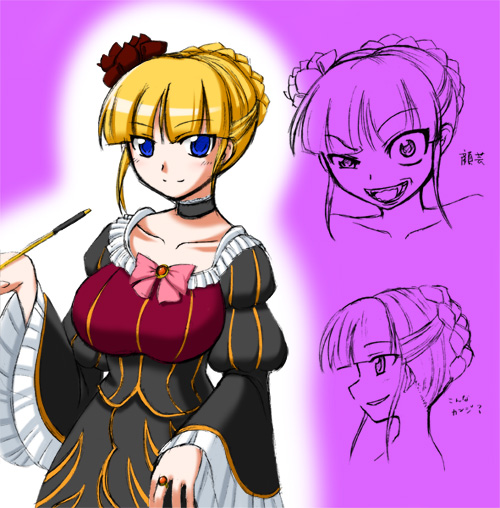 john (nakoto), beatrice (umineko), umineko no naku koro ni, 00s, 1girl, black dress, blue eyes, blunt bangs, blush, bow, choker, collarbone, dress, frills, holding, kiseru, leotard, long sleeves, looking at viewer, multiple views, pink background, pink bow, simple background, smoking pipe, wide sleeves