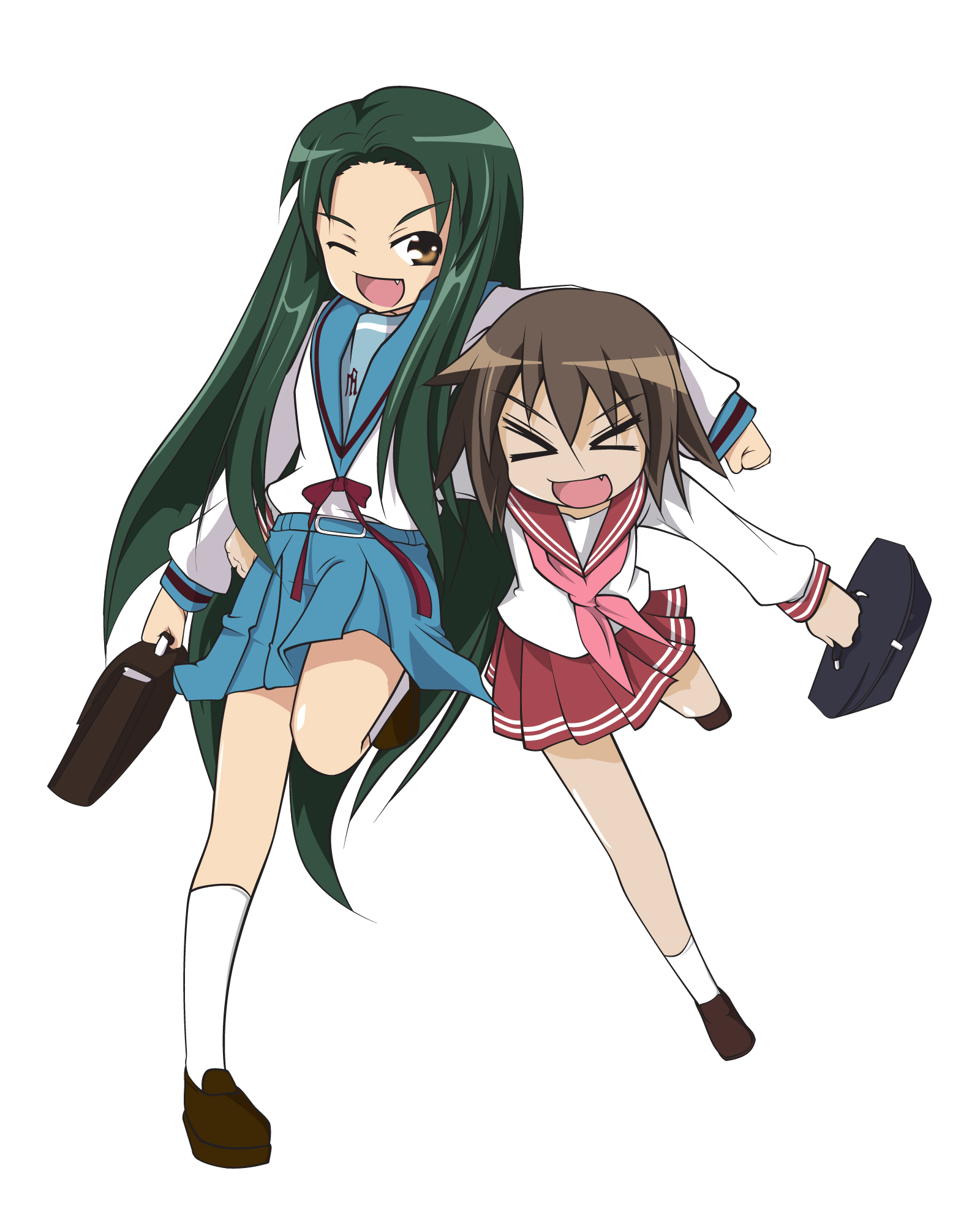 teperyndroors, kusakabe misao, tsuruya, lucky star, suzumiya haruhi no yuuutsu, highres, > <, 00s, closed eyes, crossover, fang, long hair, school uniform, serafuku, very long hair