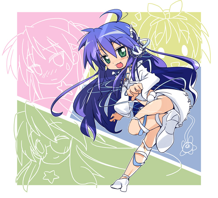 ixy, izumi konata, lucky star, 00s, 1girl, :d, ahoge, bare legs, blue hair, blush, border, dress, female focus, full body, green eyes, headphones, long hair, long sleeves, looking at viewer, looking back, mole, mole under eye, open mouth, shoe soles, shoes, smile, solo, very long hair, white dress