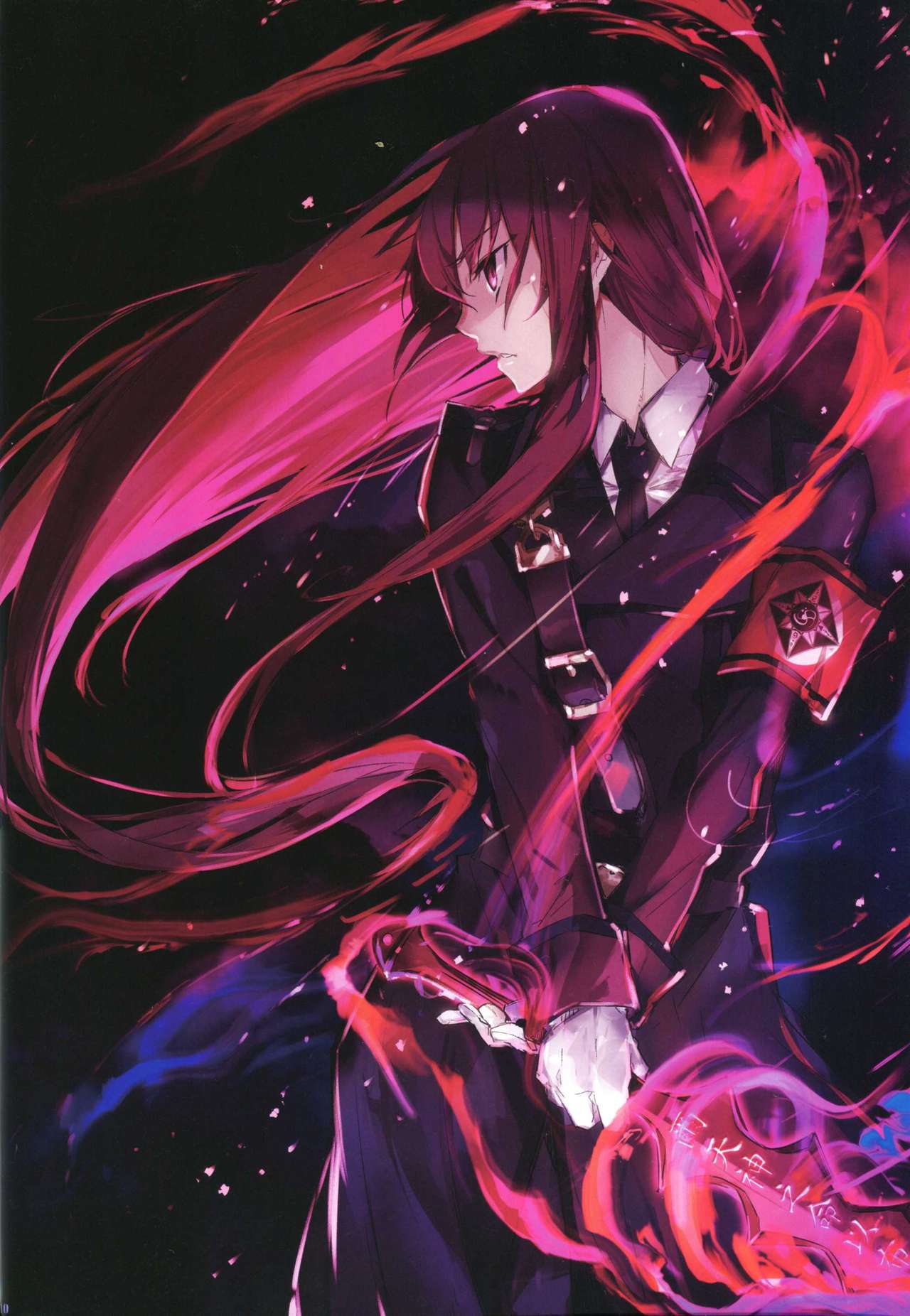 g yuusuke, sakurai kei, dies irae, shinza bansho series, highres, non-web source, 1girl, armband, fire, gloves, holding, long hair, long sleeves, military, military uniform, necktie, red hair, skirt, solo, sword, very long hair, weapon, white gloves
