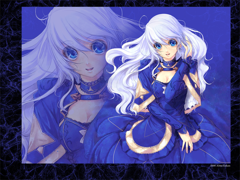 kirishima satoshi, original, 1girl, blue eyes, breasts, choker, cleavage, dress, earrings, female focus, jewelry, small breasts, solo, white hair, zoom layer