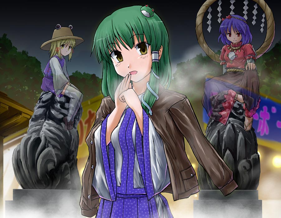 tsuyadashi shuuji, kochiya sanae, moriya suwako, yasaka kanako, touhou, brown footwear, white legwear, 3girls, buttons, detached sleeves, female focus, frog hair ornament, green hair, hair ornament, hair ribbon, hair tubes, hat, jacket, looking at viewer, mirror, multiple girls, night, night sky, open mouth, outdoors, pocket, puffy short sleeves, puffy sleeves, red ribbon, ribbon, rope, shimenawa, shoes, short hair, short sleeves, sitting, sky, sleeves past wrists, snake hair ornament, statue, thighhighs, tress ribbon, upper body, wide sleeves, yellow eyes