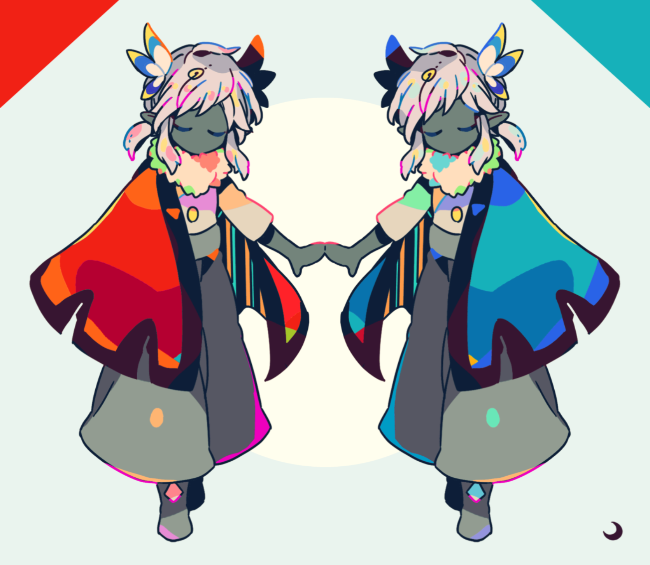 mizuki tsukimori, sky: children of the light, character request, commentary request, 2girls, blue cape, boots, cape, closed eyes, full body, grey boots, grey hair, grey pants, multiple girls, no mouth, no nose, pants, pointy ears, red cape, short hair, sidelocks, symmetry