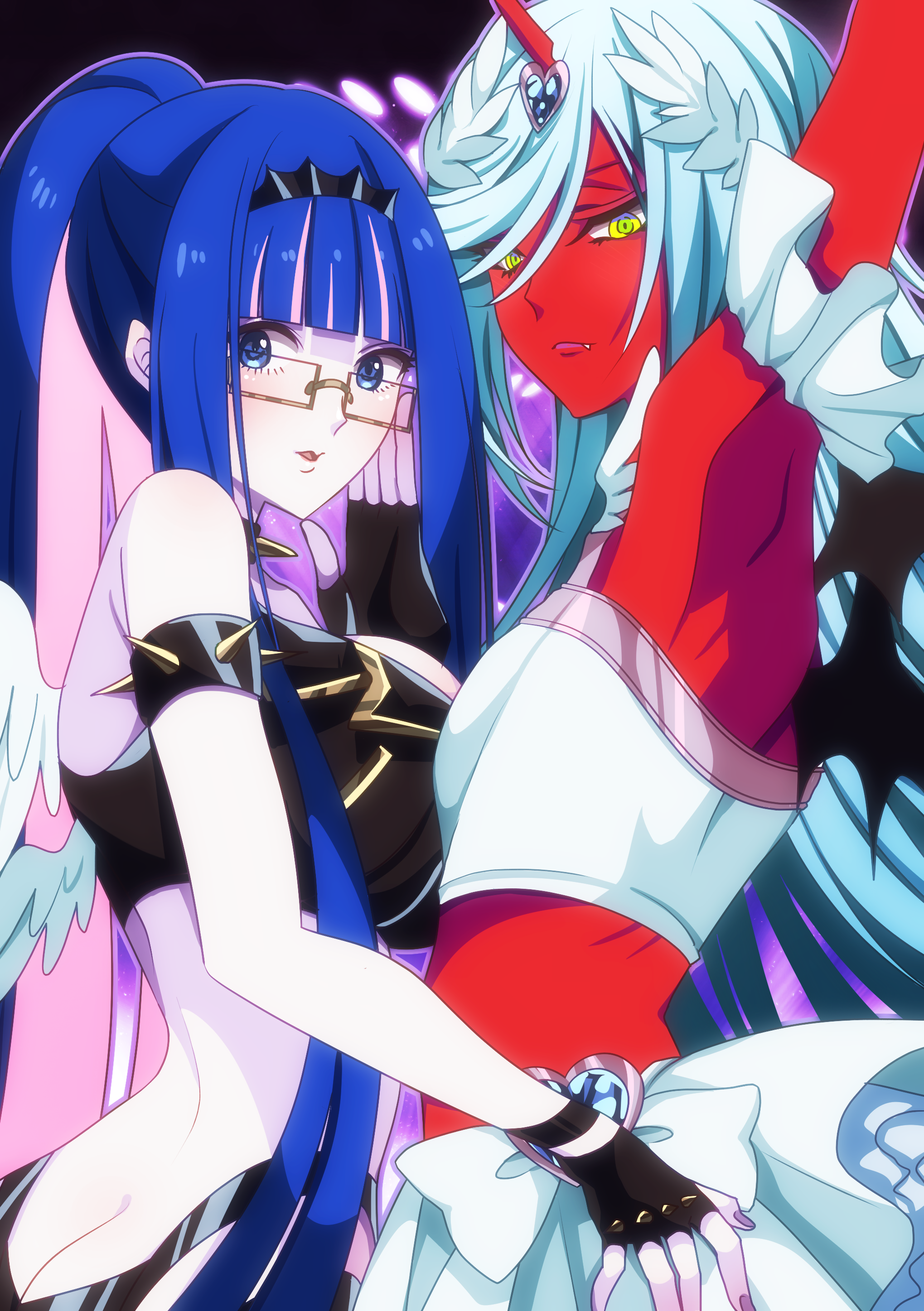 itsuki keiichi, kneesocks (psg), stocking (psg), panty & stocking with garterbelt, absurdres, highres, 2girls, alternate hairstyle, asymmetrical docking, black gloves, blue eyes, blue hair, blunt bangs, breast press, colored skin, fingerless gloves, glasses, gloves, green eyes, hairstyle switch, high ponytail, horns, multiple girls, over-kneehighs, pantyhose, ponytail, red skin, single horn, skirt, smile, symmetrical docking, thighhighs, white hair, white skirt